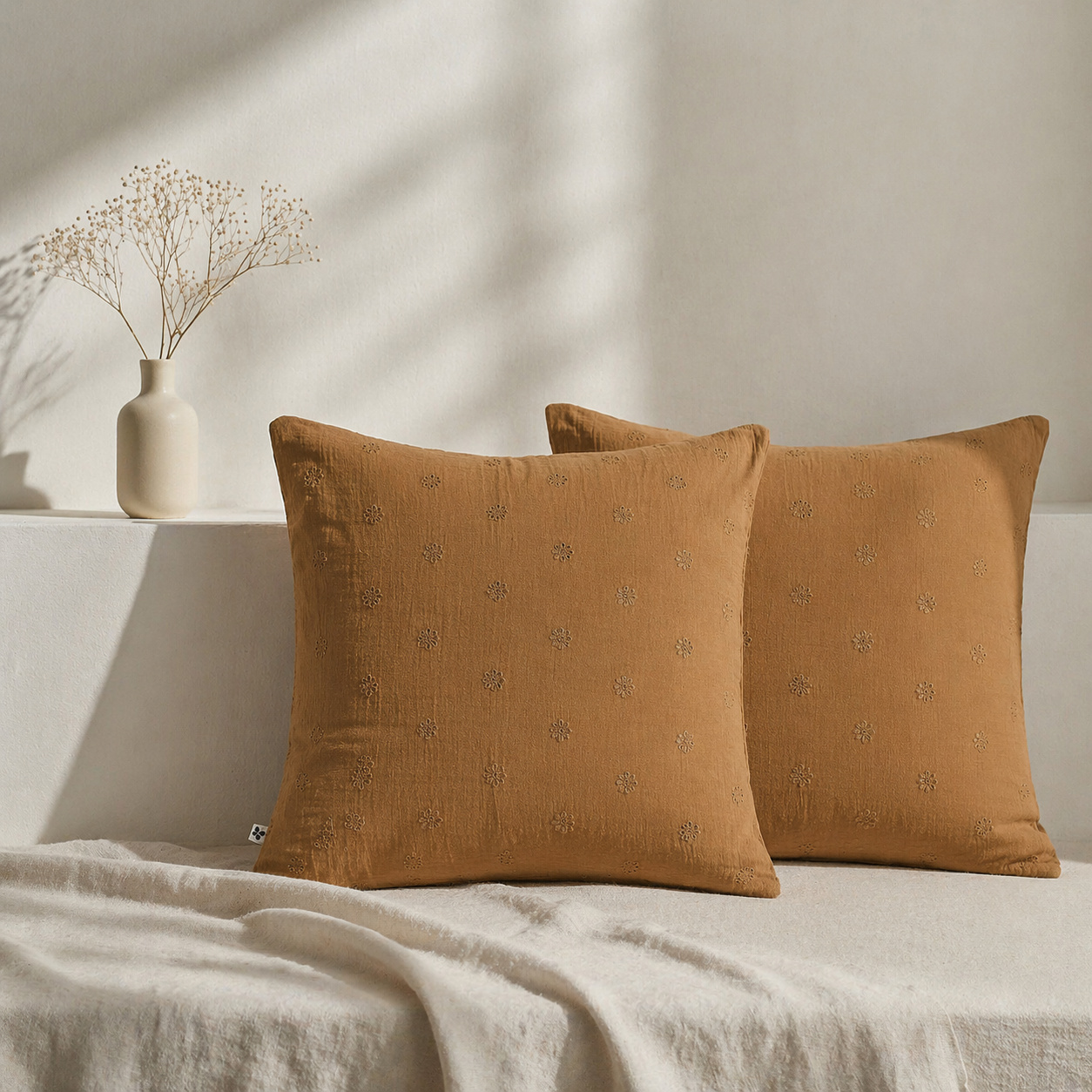 Lot De 2 Taies D'oreiller 60 X 60 Cm - Gaze De Coton Brodée - Gaïa Boho Camel