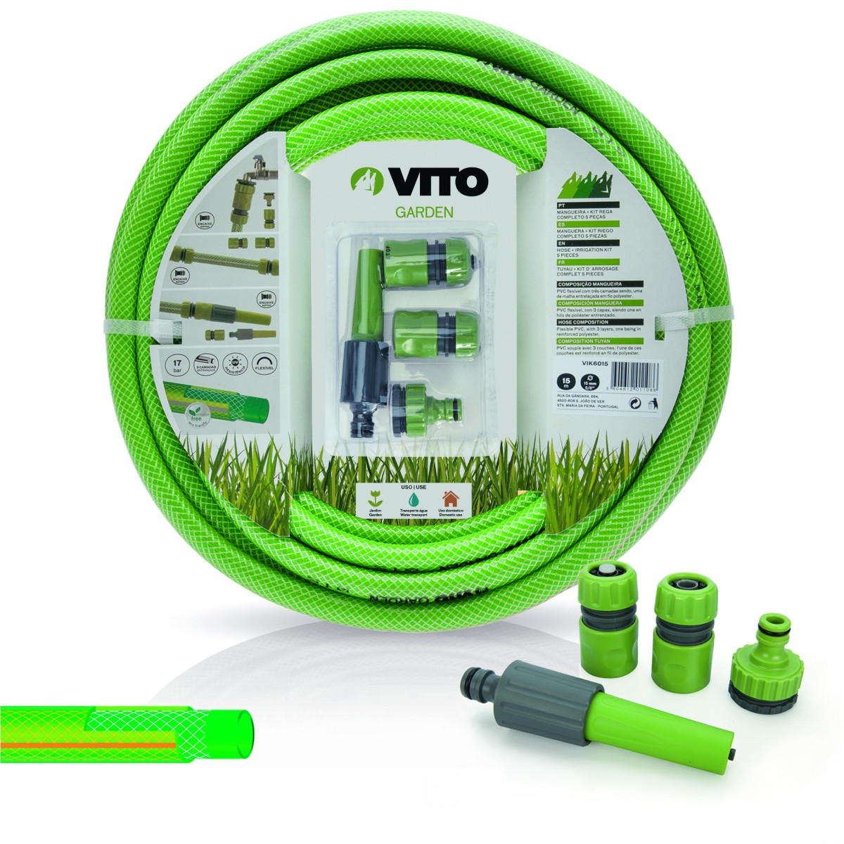 Vito - Kit D'Arrosage Jardin Pvc Renforcé 20 M Diam 15mm Lance Multi Jet +2 Raccords + Nez De Robinet