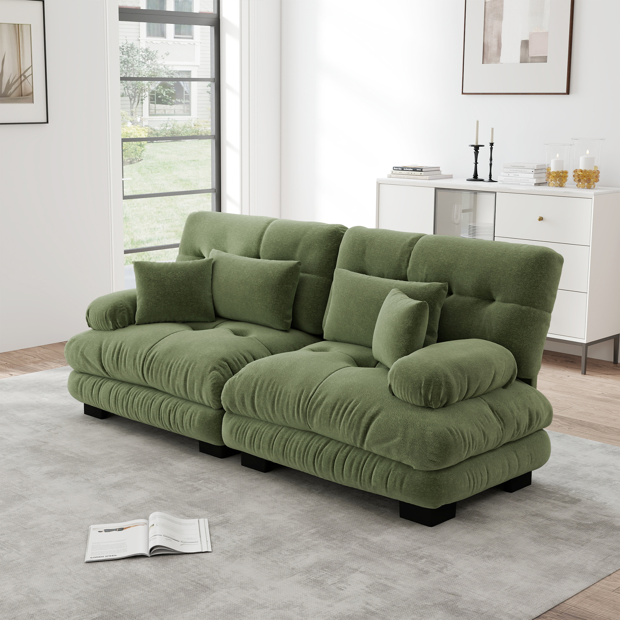 Redom Canapé 2 Places Modulaire, Assise Profonde, Accoudoirs Rembourrés Arrondis, Coussins Inclus, Chenille Verte