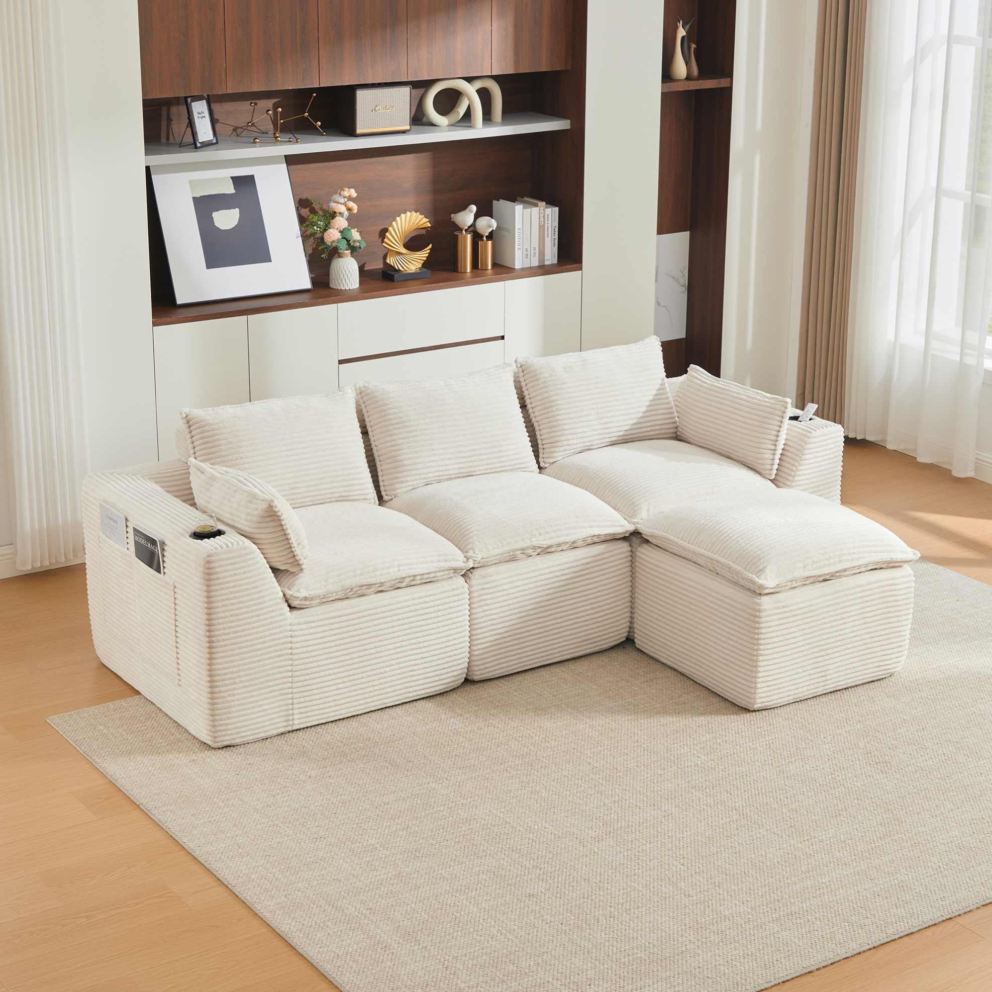 Redom - Canapé Modulaire Avec Repose Pieds 256x161x75 Cm, Coussins Et Poches Latérales, Velours Côtelé Beige