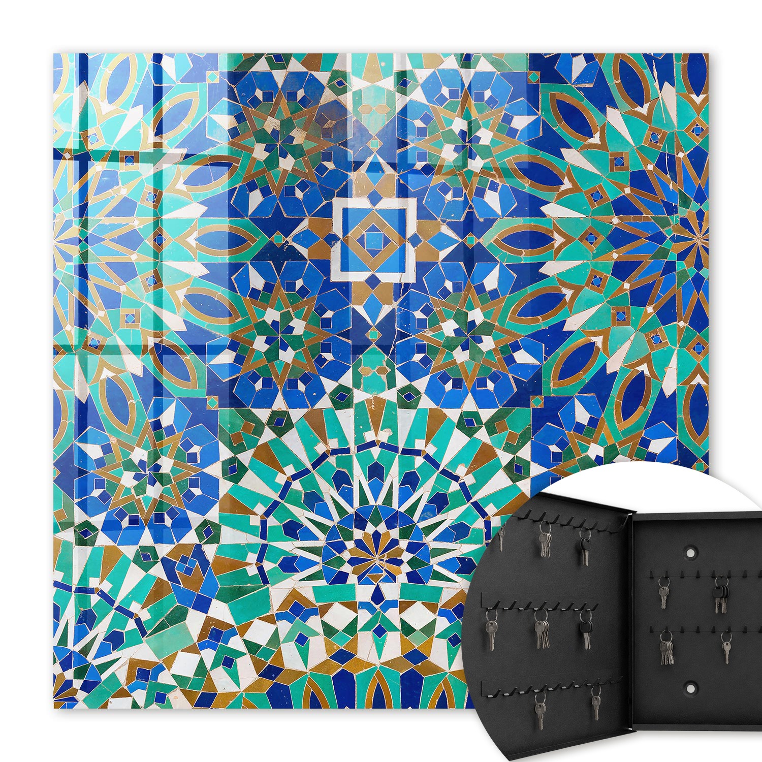 Armoire À Clés - (30 Cm X 30 Cm) - Boîte À Clés Murale - Coffret De Rangement Pour Clés - Couleur Noire - Ouverture Vers La Gauche - Pour Maison Et Bureau - Mosaïque Géométrique