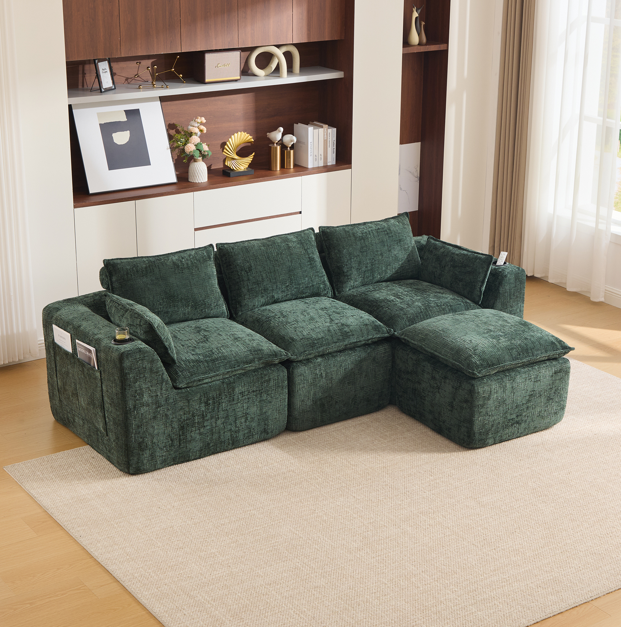 Redom - Canapé Modulable 3 Places 256x161x75 Cm, Avec Repose Pieds, Coussins, Poches Latérales, Chenille Verte