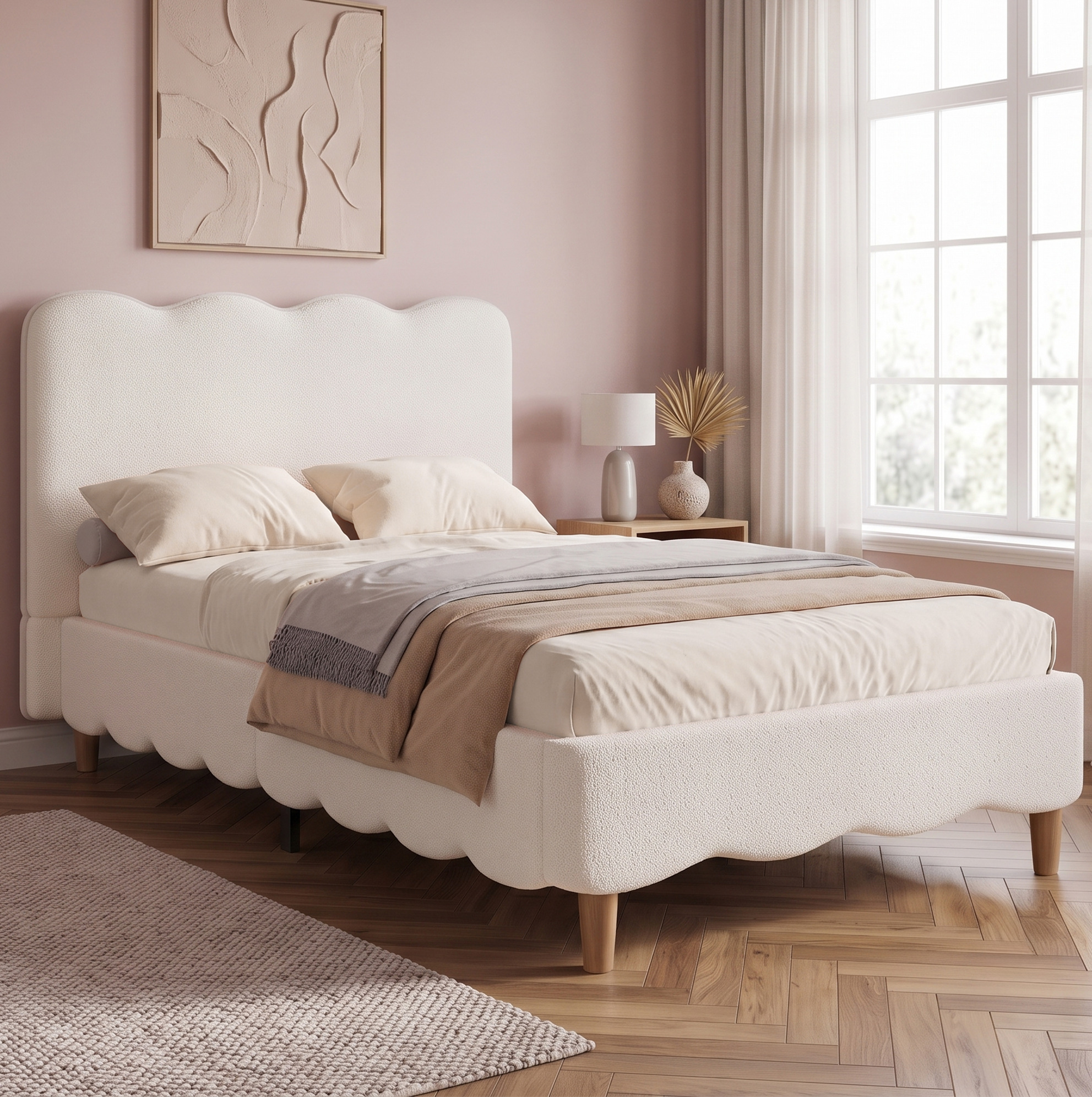 Lit Enfant Rembourré 90 X 200 Cm Avec Sommier, Tête De Lit Bouclé Blanc, Pieds Bois