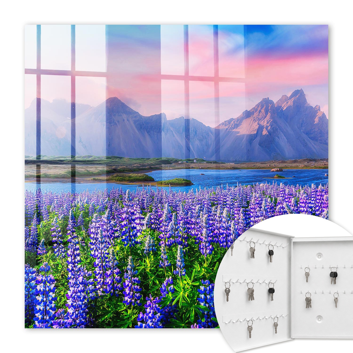 Armoire À Clés - (30 Cm X 30 Cm) - Boîte À Clés Murale - Coffret De Rangement Pour Clés - Couleur Blanche - Ouverture Vers La Gauche - Pour Maison Et Bureau - Paysage De Montagne