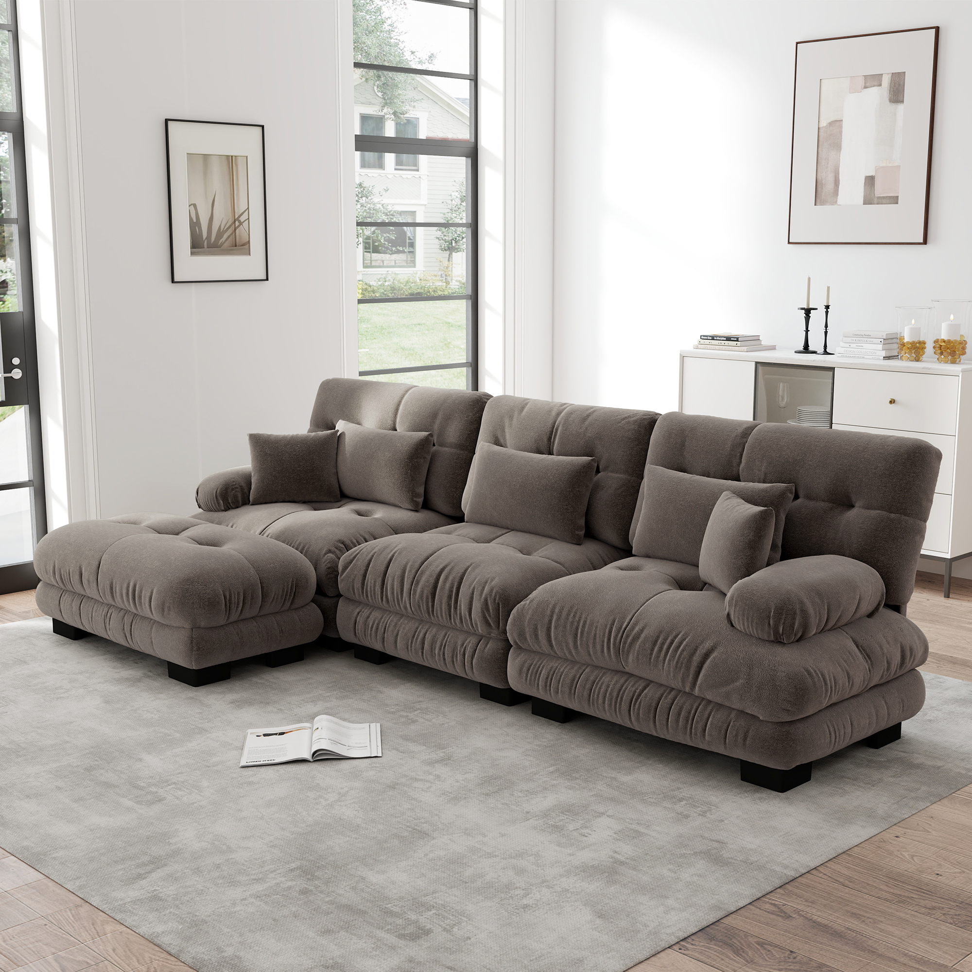 Redom Canapé 3 Places Modulaire D'Angle, Ottomans Mobiles, Assise Profonde, Accoudoirs Rembourrés, Chenille Vintage Marron