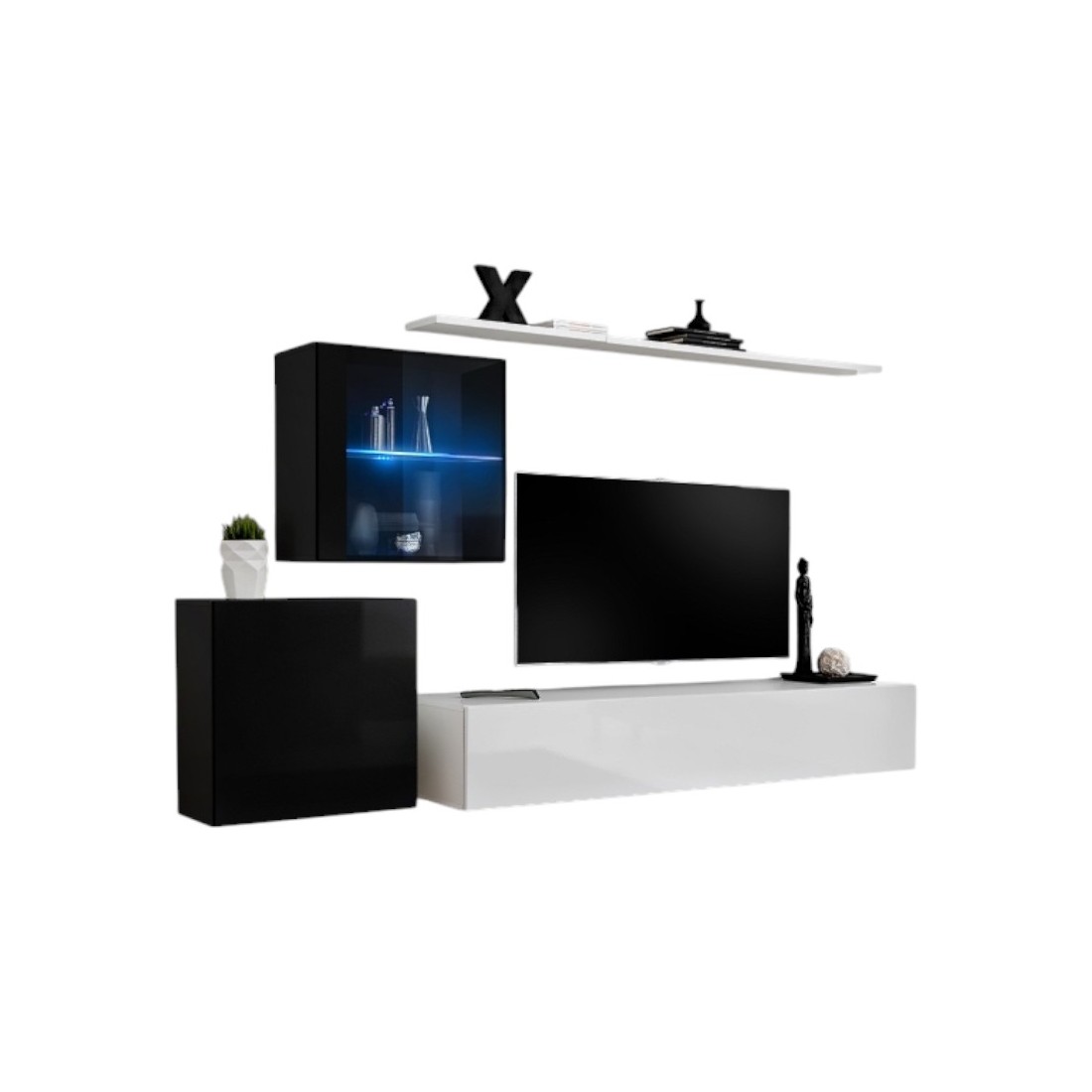 Meublorama - Ensemble Meuble Salon Mural Switch Xv Design, Coloris Blanc Et Noir Brillant.