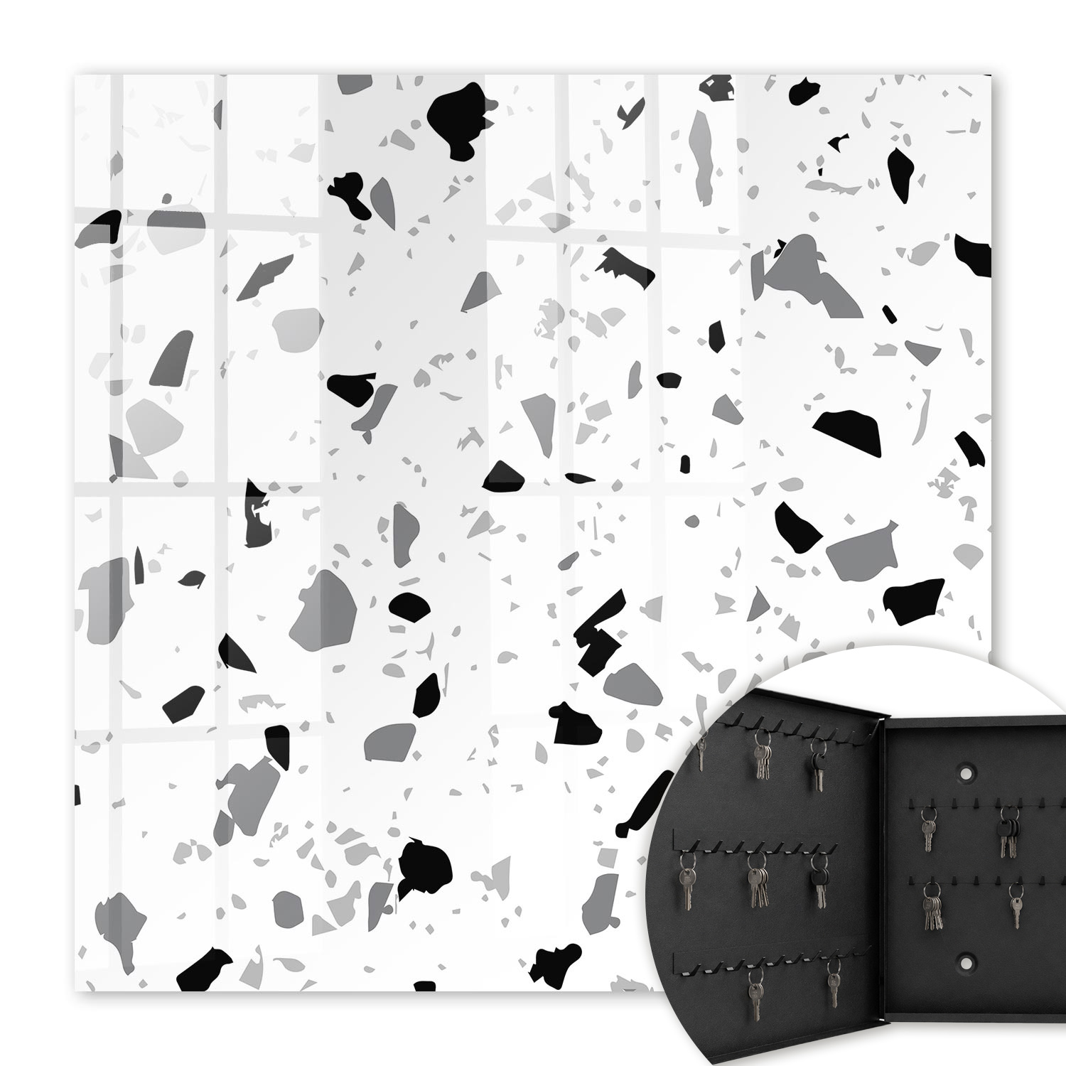 Armoire À Clés - (30 Cm X 30 Cm) - Boîte À Clés Murale - Coffret De Rangement Pour Clés - Couleur Noire - Ouverture Vers La Gauche - Pour Maison Et Bureau - Terrazzo Monochrome