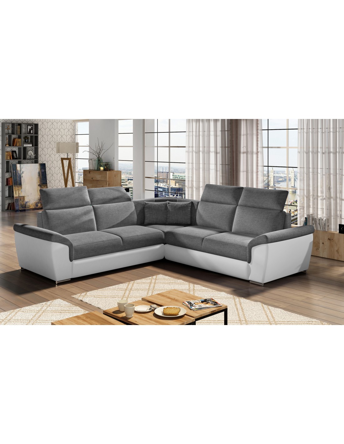 Canapé D'Angle Frederico Gris Foncé Symétrique Avec Coffre 266x266cm
