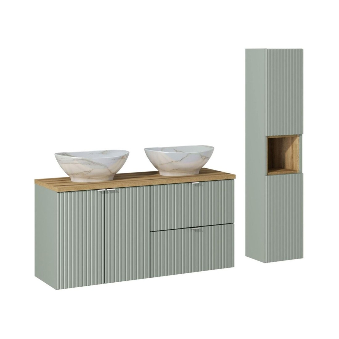 Ensemble Elvina 150cm: Meubles Sous Vasque À Tiroirs Et Placards + Plan Pour Vasque + Deux Vasque À Poser Marbrée + Colonne