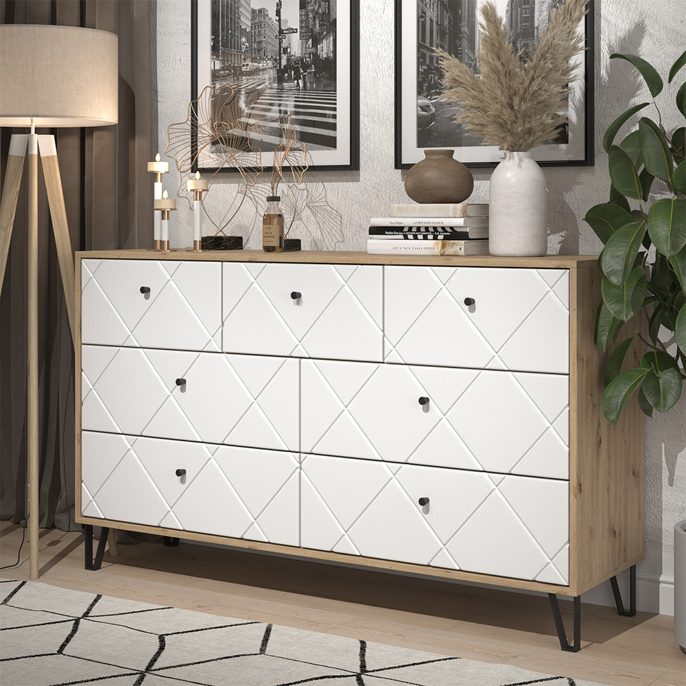 Commode Avec Tiroirs Nizza, Artisan/blanc, 140.2x82.6cm Avec 7 Tiroirs, Vicco