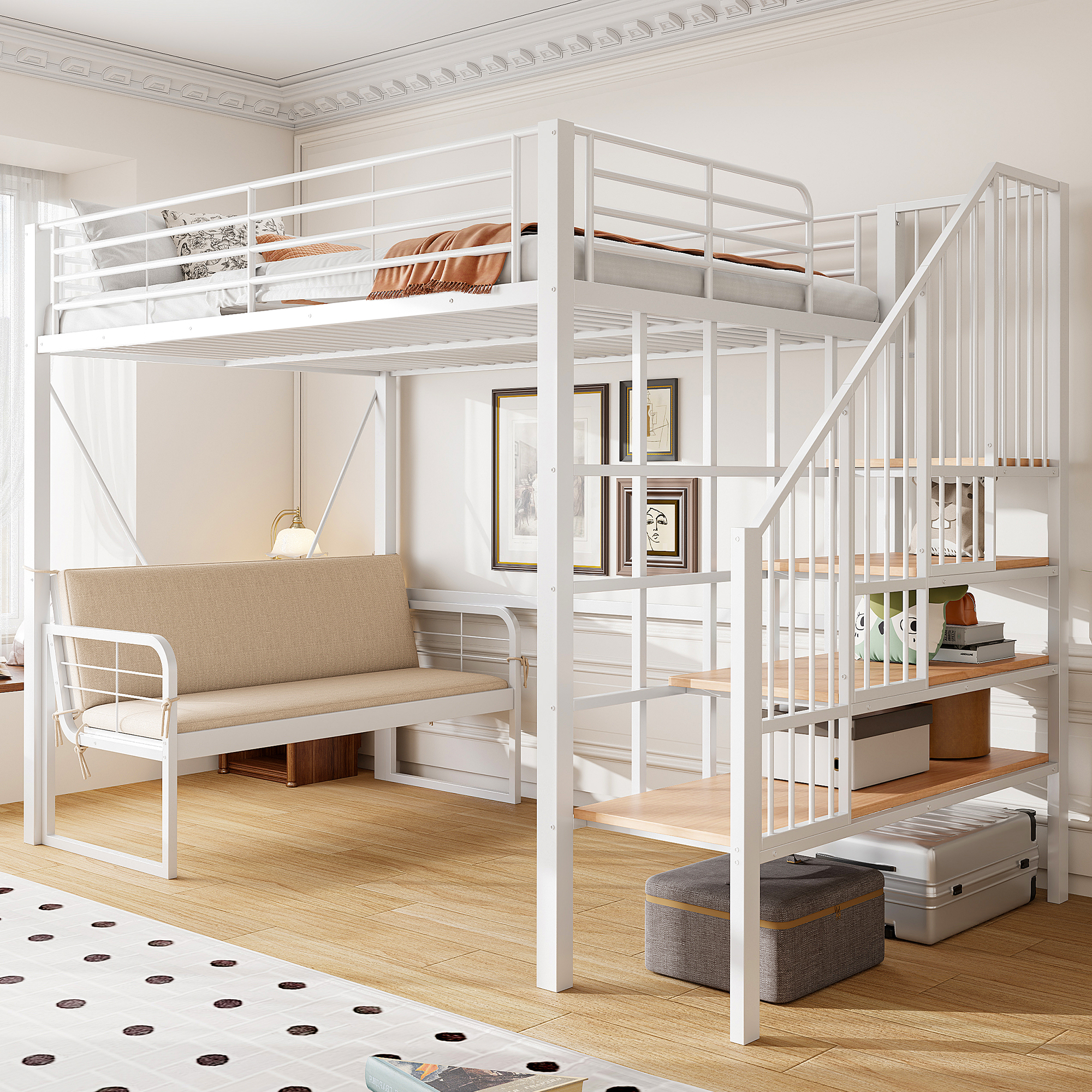 Redom Lit Superposé 140x200 Cm Avec Canapé Rembourré Amovible, Métal Blanc (sans Matelas)