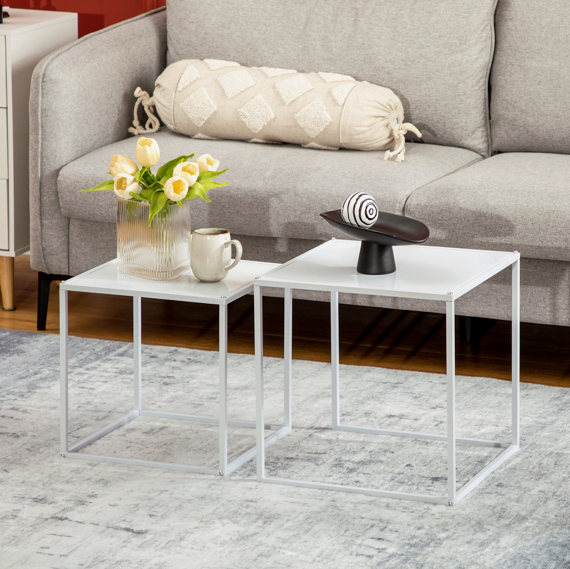 Lot De 2 Tables Basses Carrées Blanches En Acier, 40 Et 35 Cm, Style Moderne Redom