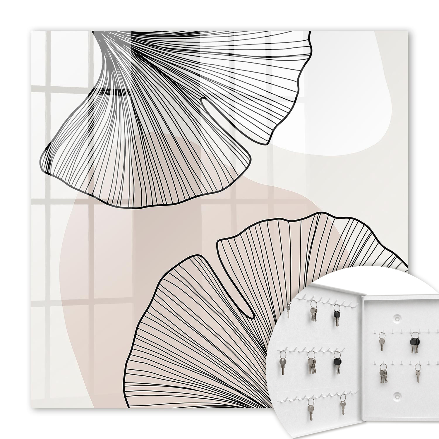 Armoire À Clés - (30 Cm X 30 Cm) - Boîte À Clés Murale - Coffret De Rangement Pour Clés - Couleur Blanche - Ouverture Vers La Gauche - Pour Maison Et Bureau - Feuilles Noires