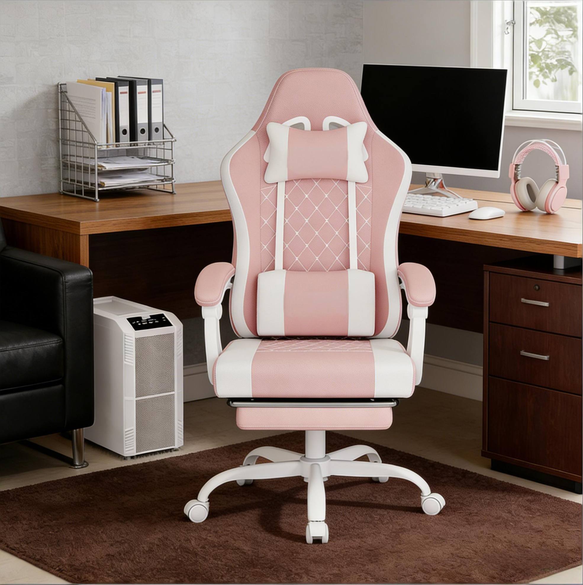 Chaise De Bureau Pivotante Ergonomique Avec Massage Lombaire, Dossier Inclinable, Rose