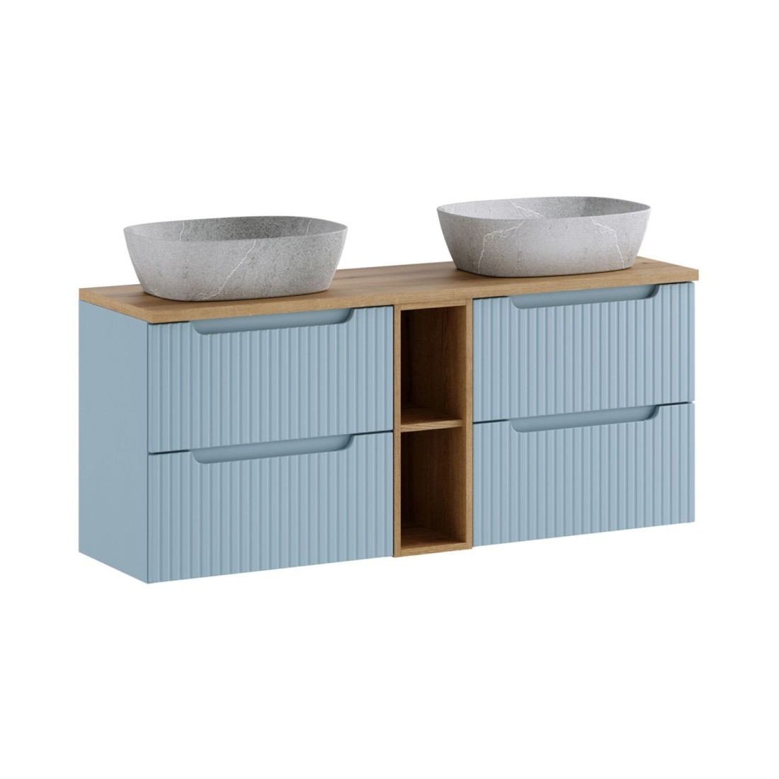 Ensemble Vano Bleu Denim Et Chêne Clair 140cm: Meubles Sous Vasque À Tiroirs Avec Niches Visibles + Vasques Grises