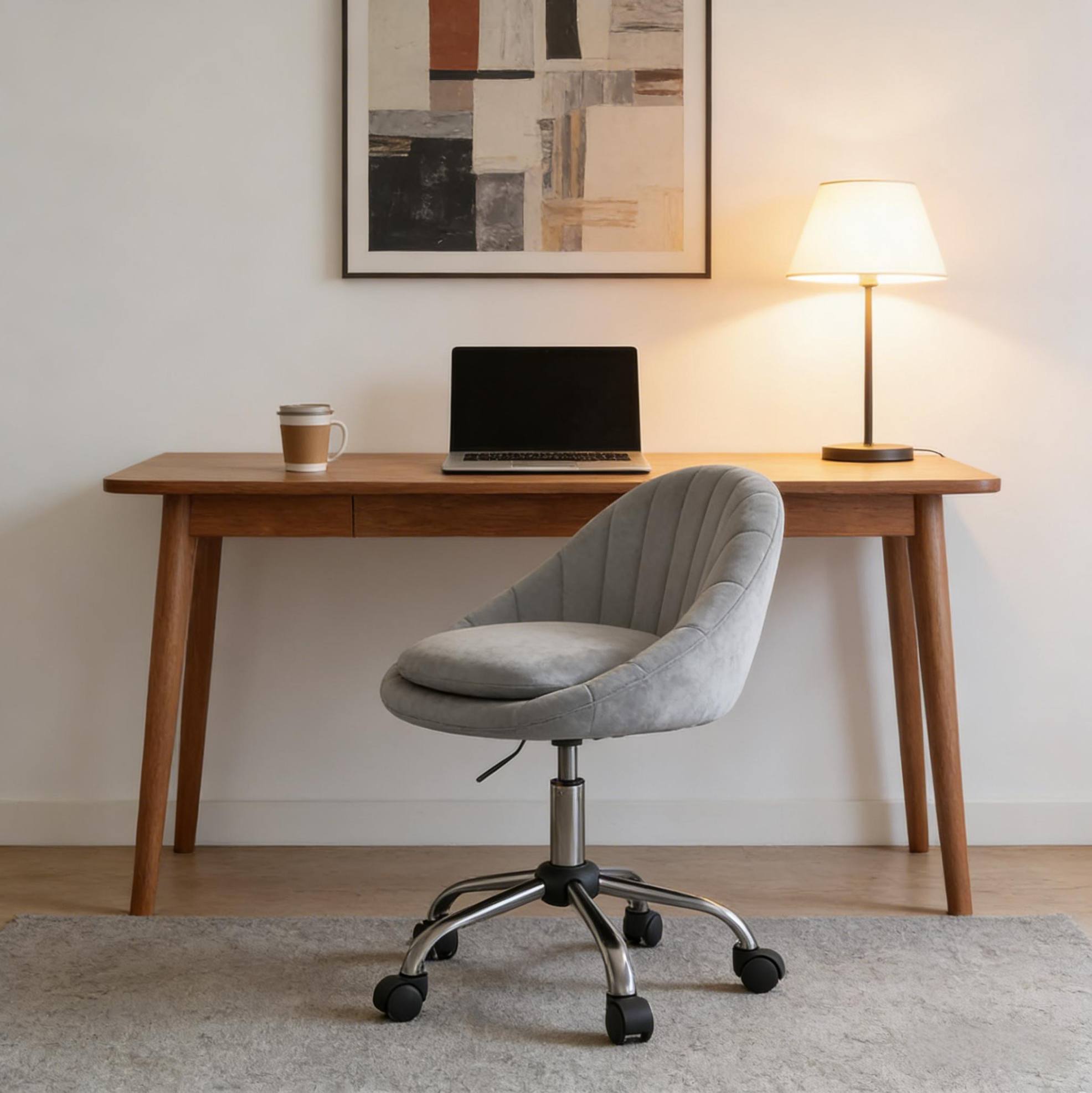 Chaise De Bureau Ergonomique Pivotante À Roulettes, Hauteur Réglable 72-82 Cm, Velours Gris Clair