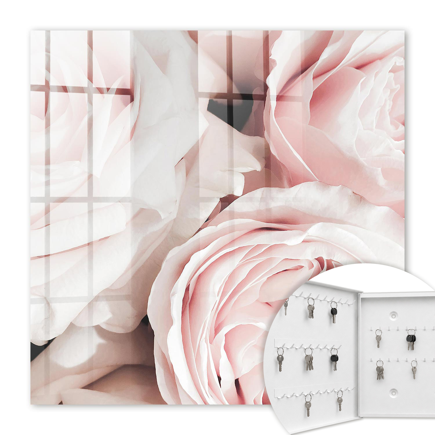 Armoire À Clés - (30 Cm X 30 Cm) - Boîte À Clés Murale - Coffret De Rangement Pour Clés - Couleur Blanche - Ouverture Vers La Gauche - Pour Maison Et Bureau - Roses Pastel