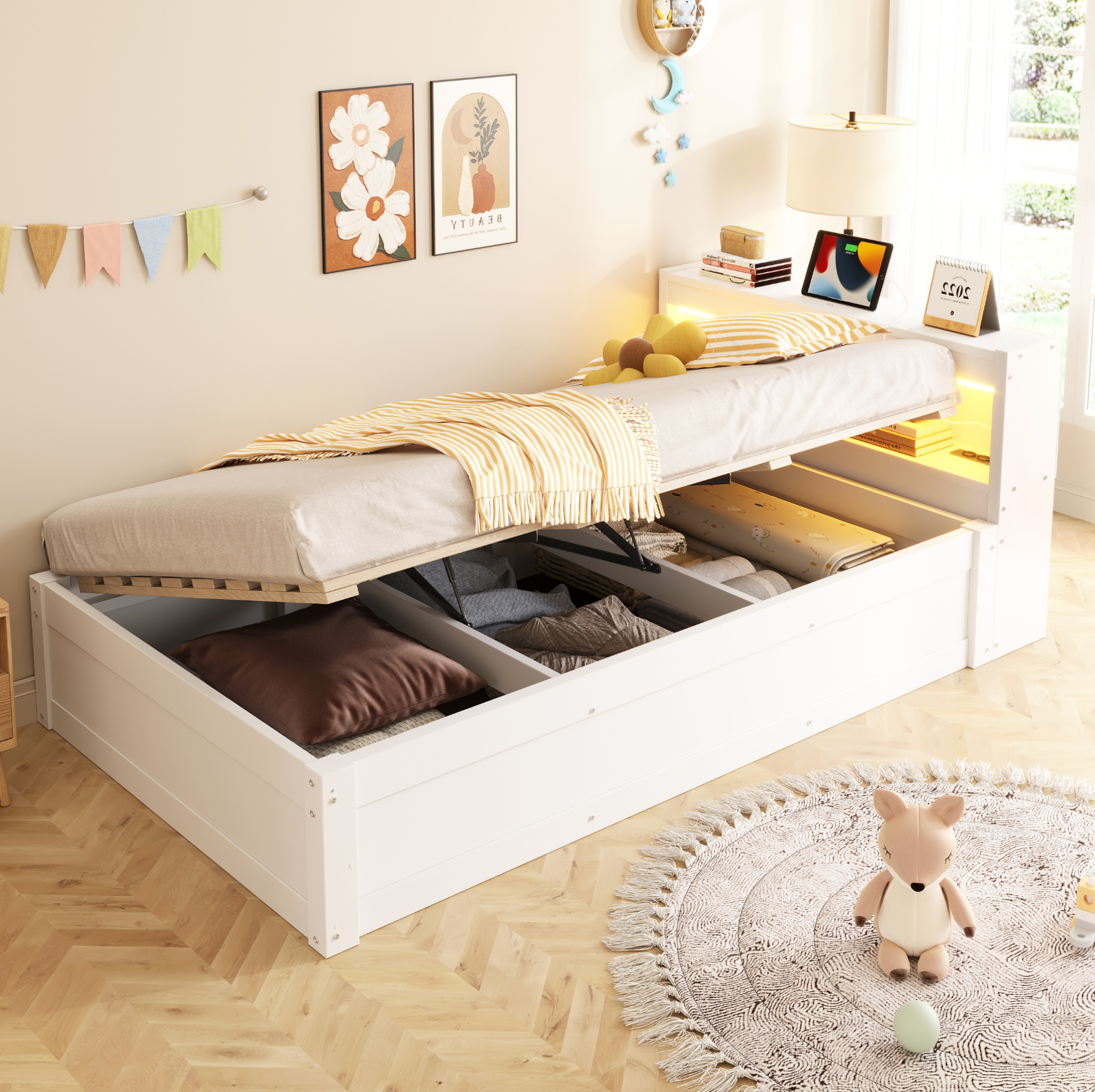 Lit Multifonction 90 X 200 Cm Avec Rangement, Led, Prise, Blanc