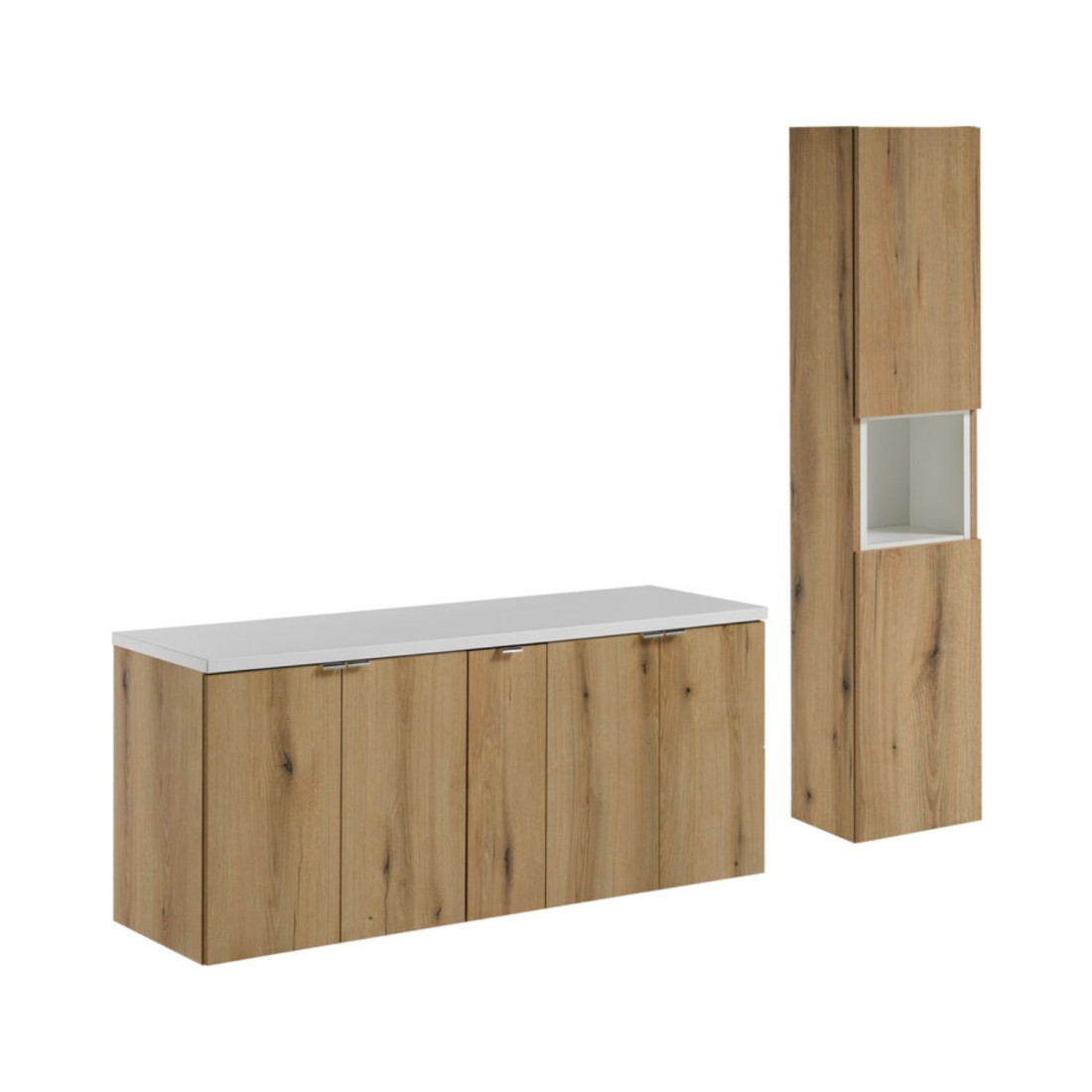 Ensemble De Salle De Bain Vano Aspect Chêne Et Blanc 170cm: Meubles Sous Vasque À Placards + Plan Pour Vasque + Colonne
