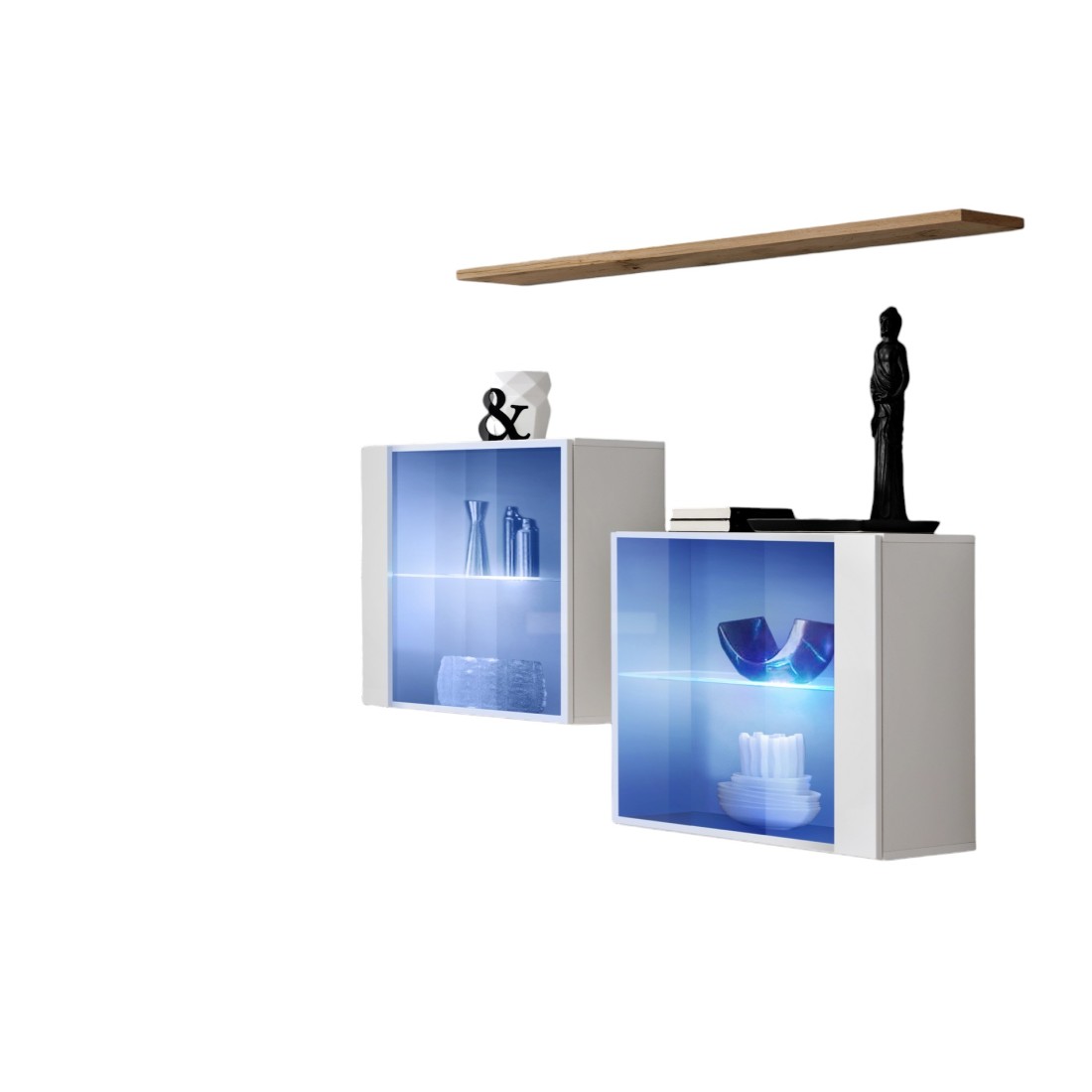 Meublorama - Ensemble Salon Switch Sbiii Blanc Brillant, Porte Vitrée Led Intégrée, Étagére Chêne Wotan, Moderne