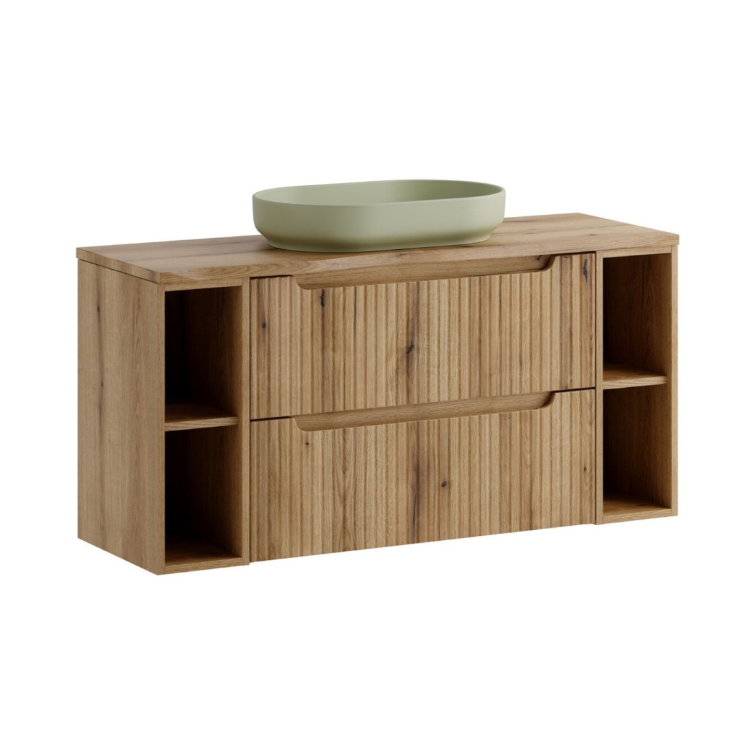 Ensemble Vano Chêne Clair 120cm: Meubles Sous Vasque À Tiroirs Avec Niches Visibles + Plan Pour Vasque + Vasque À Poser Ovale