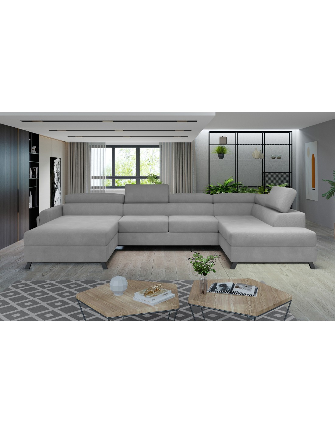 Canapé Panoramique Gris Clair 5 Places Angle Droit Rangement Literie Clotis