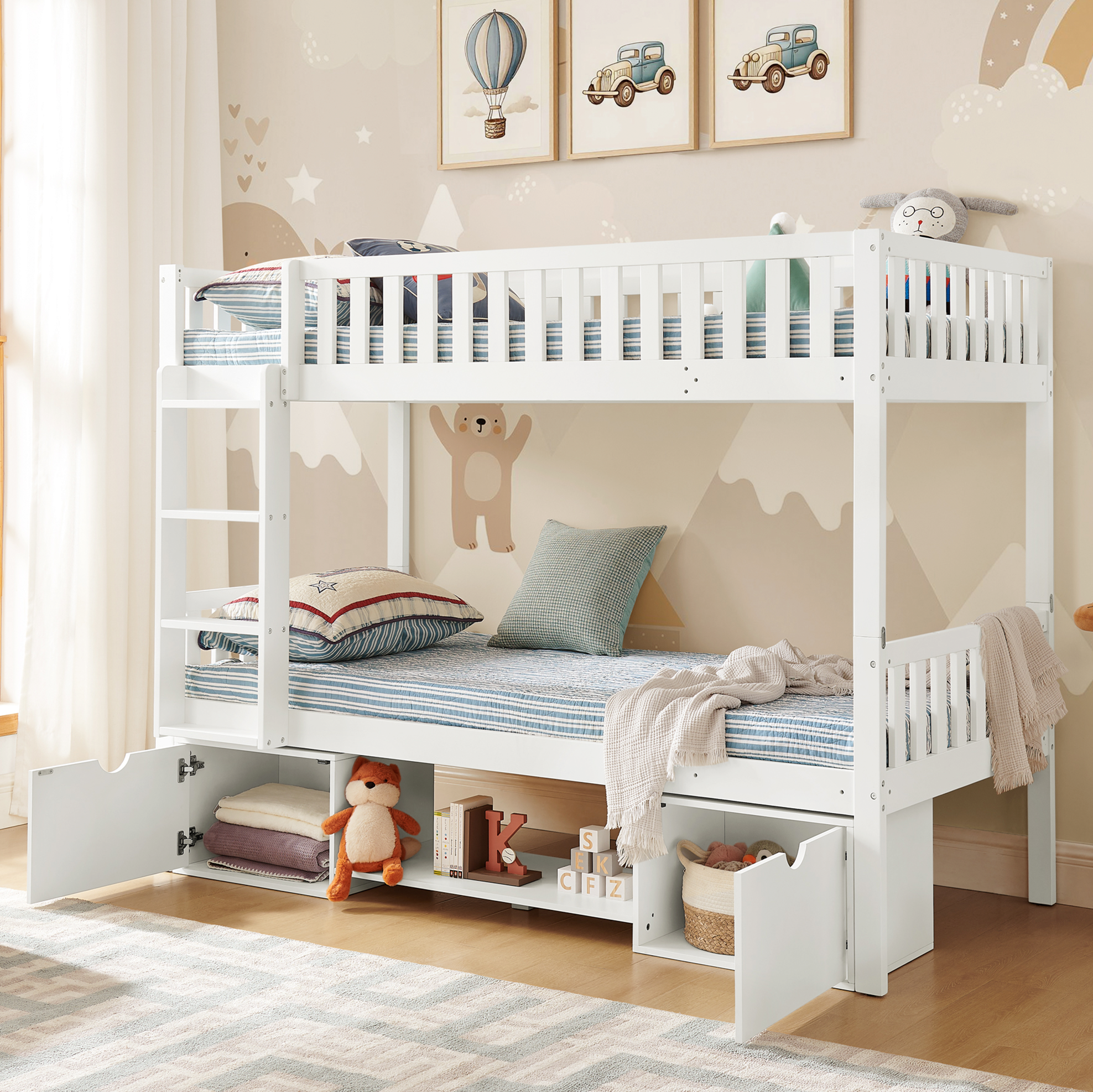 Lit Superposé Enfant 90×200 Cm En Pin Blanc, Séparable En 2 Lits, Avec Échelle Et Tiroirs