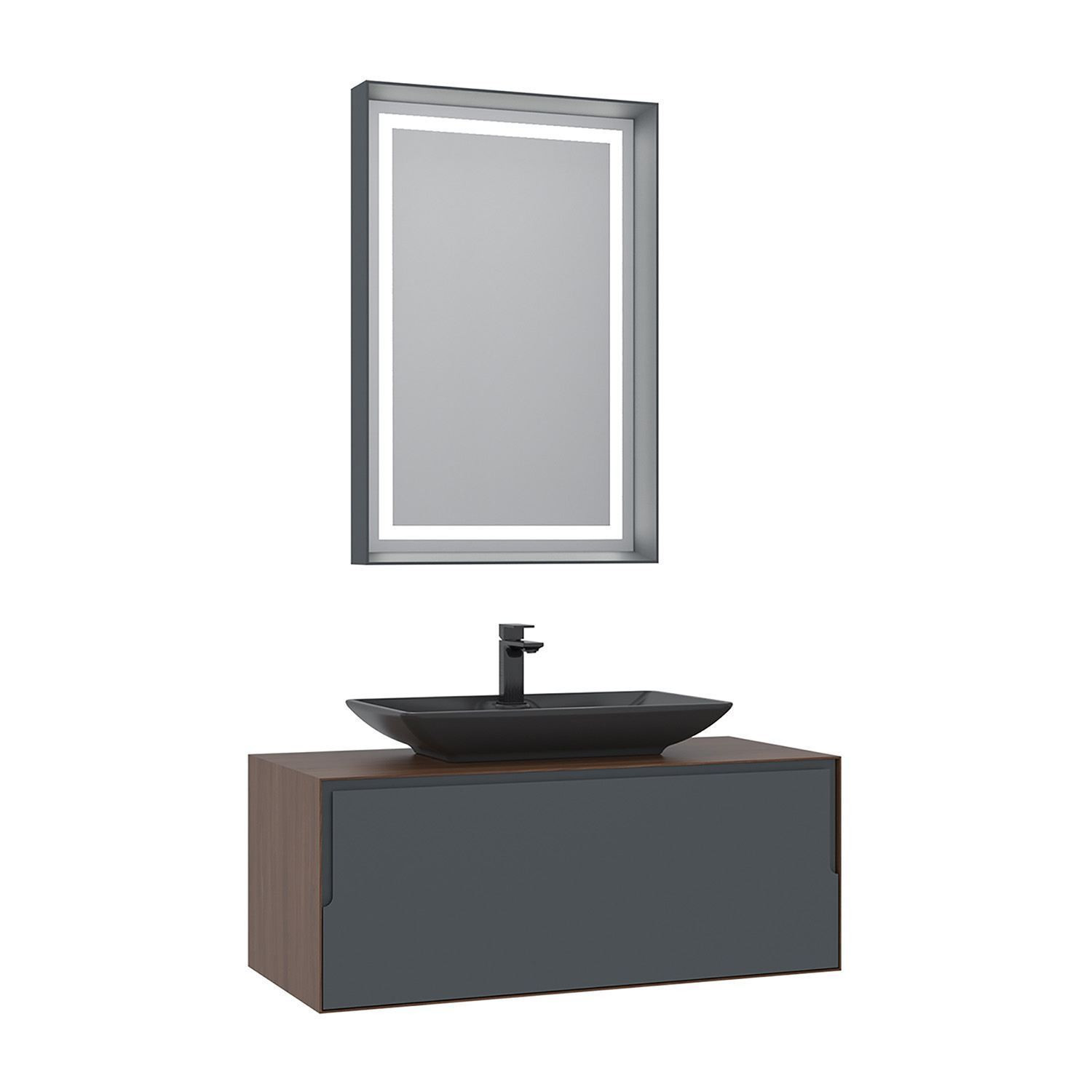 Meuble Avec Simple Vasque Et Miroir "craft 100" - 100 X 50 X 40 Cm - Walnut / Anthracite