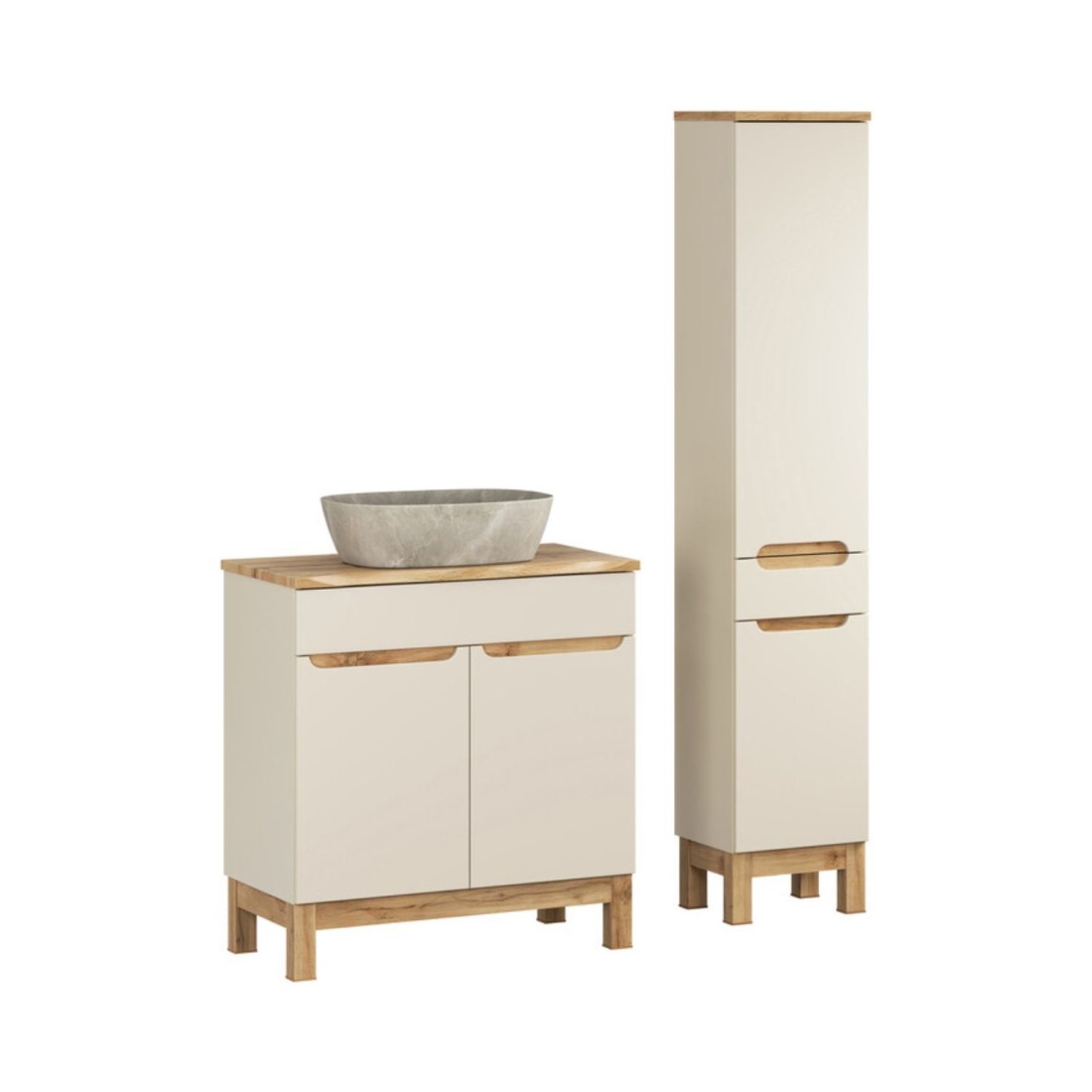Ensemble Ermano Cachemire 115cm: Meuble Sous Vasque + Plan Pour Vasque Biseauté + Vasque À Poser Grise + Colonne