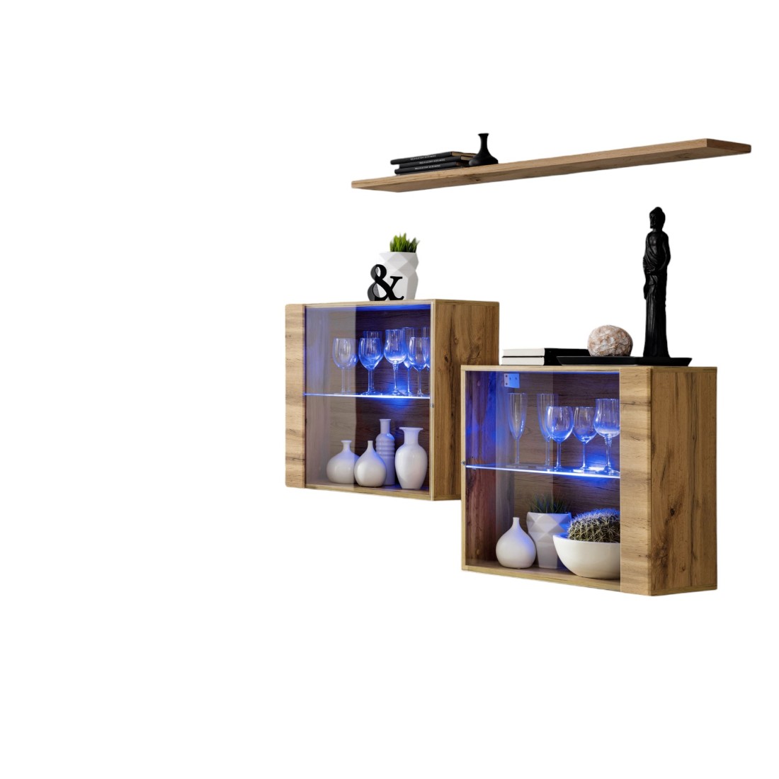 Meublorama - Ensemble Meubles De Salon Switch Sbiii Design, Coloris Chêne Wotan Et Porte Vitrée Avec Système Led Intégré.