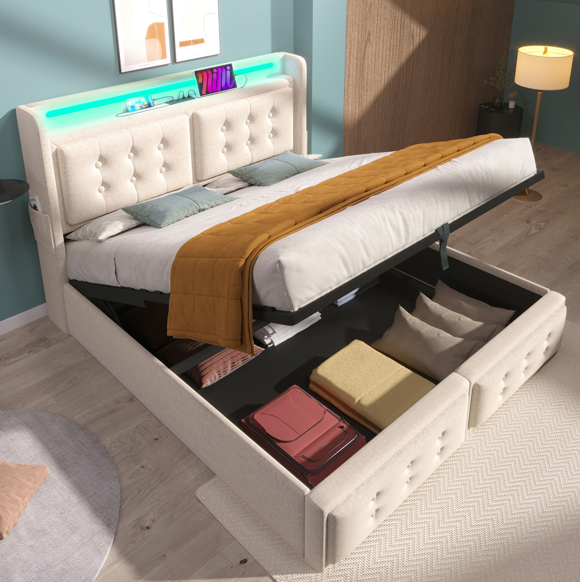 Lit Coffre 180x200 Beige Avec Tête De Lit Led, Usb-c, 2 Prises, Coton-lin