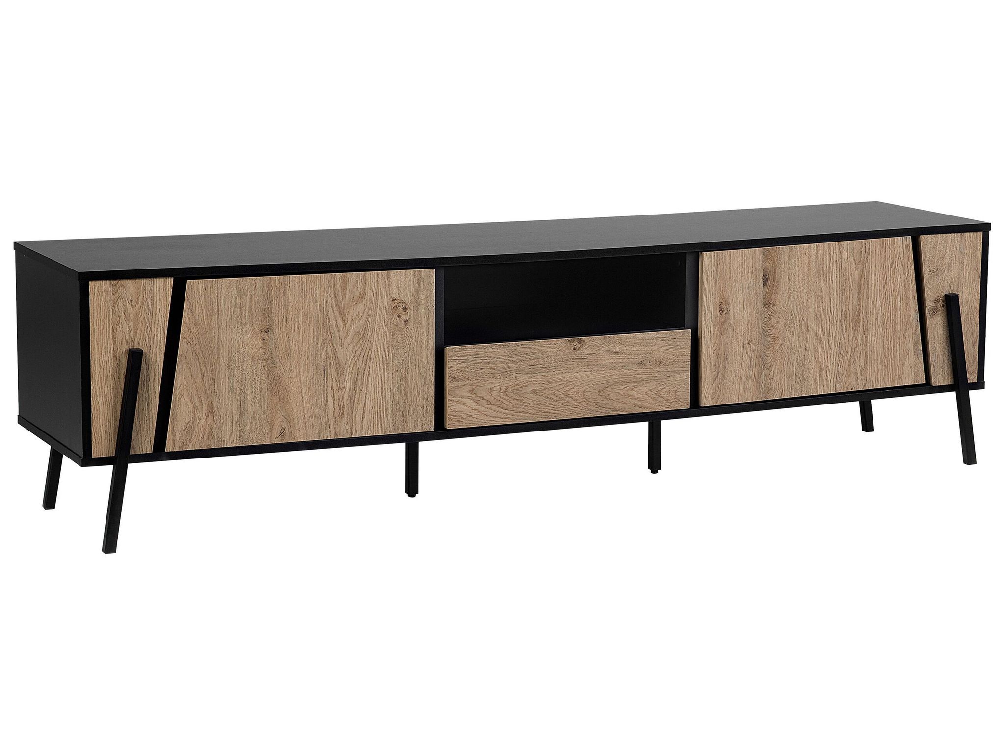 Beliani - Meuble Tv Au Design Industriel Et Minimaliste Avec Structure En Métal Noir 2 Portes D'Un Tiroir Effet Bois Clair Pour Salon Ou Chambre