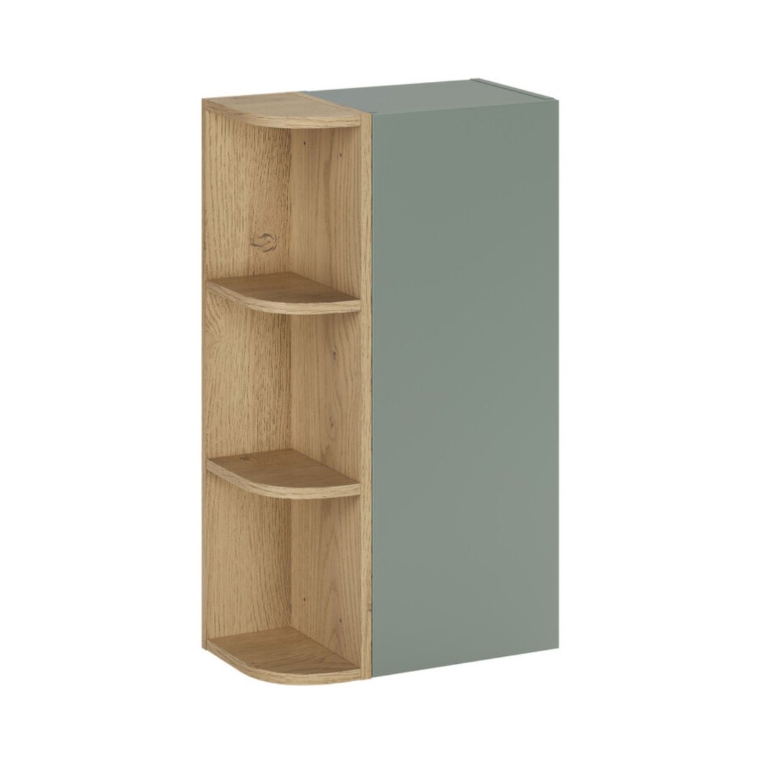 Meuble De Rangement Oster 45cm - Meuble Suspendu Vert Sauge 1 Porte Et 3 Niches Visibles Arrondies Aspect Chêne Clair