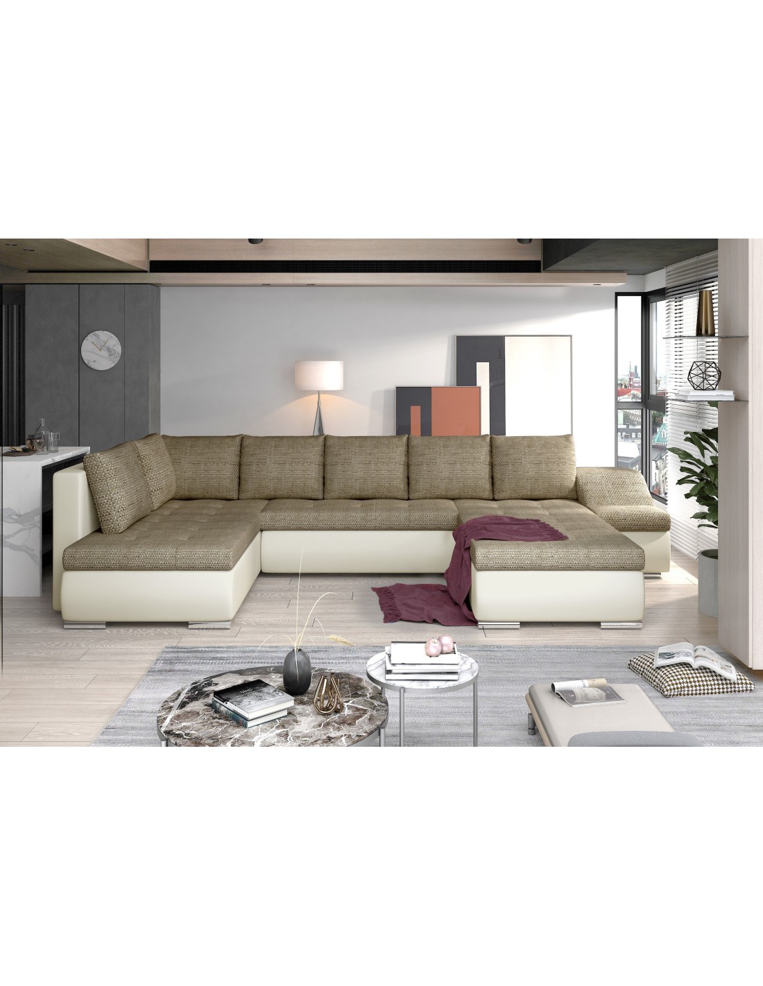 Canapé Panoramique Gyovani Beige Et Blanc Angle Droit Convertible Couchage 140x294cm