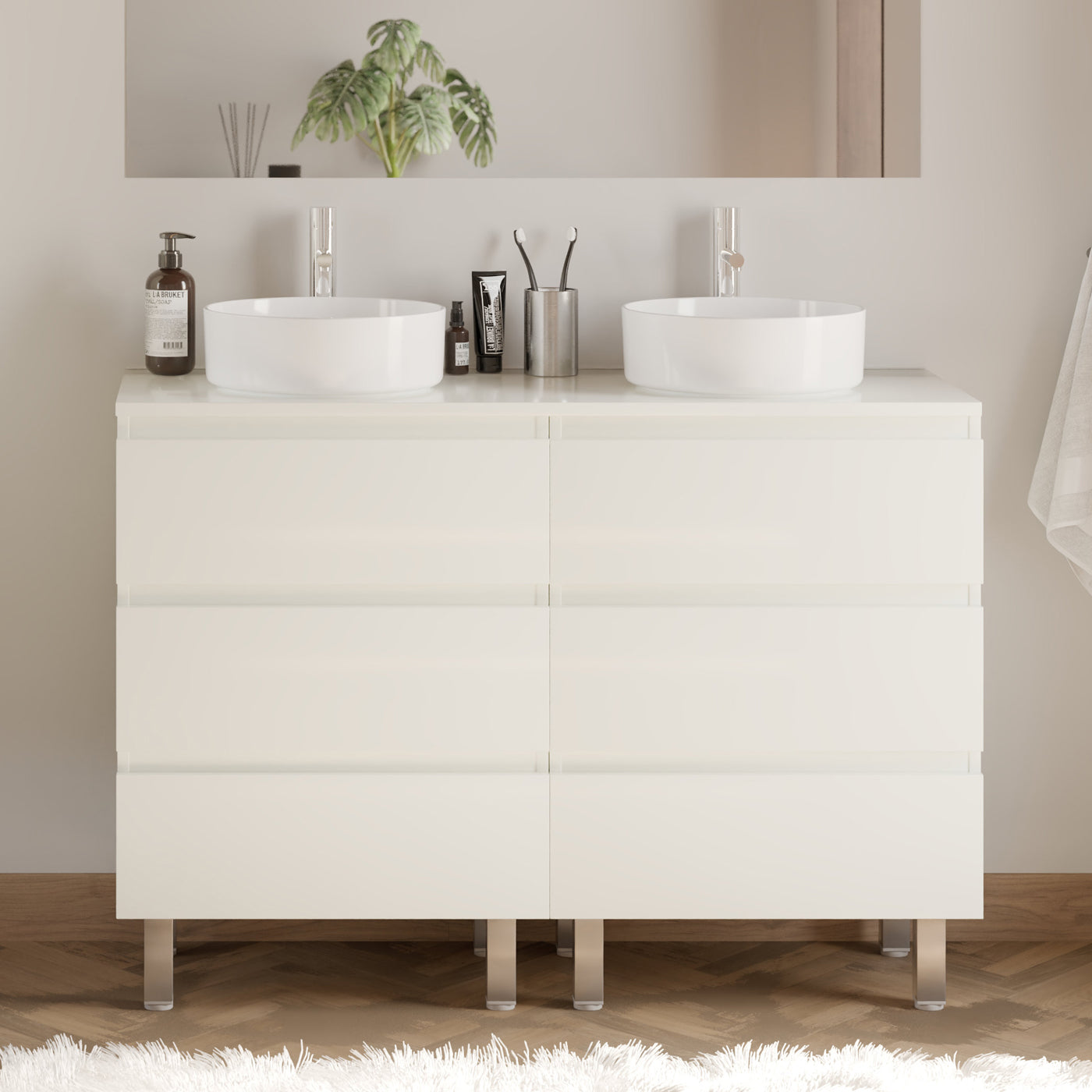 Meuble De Salle De Bain 140cm Avec Plateau Et 2 Vasques À Poser Rondes - 6 Tiroirs - Sans Miroir - Blanc Brillant - Mayor