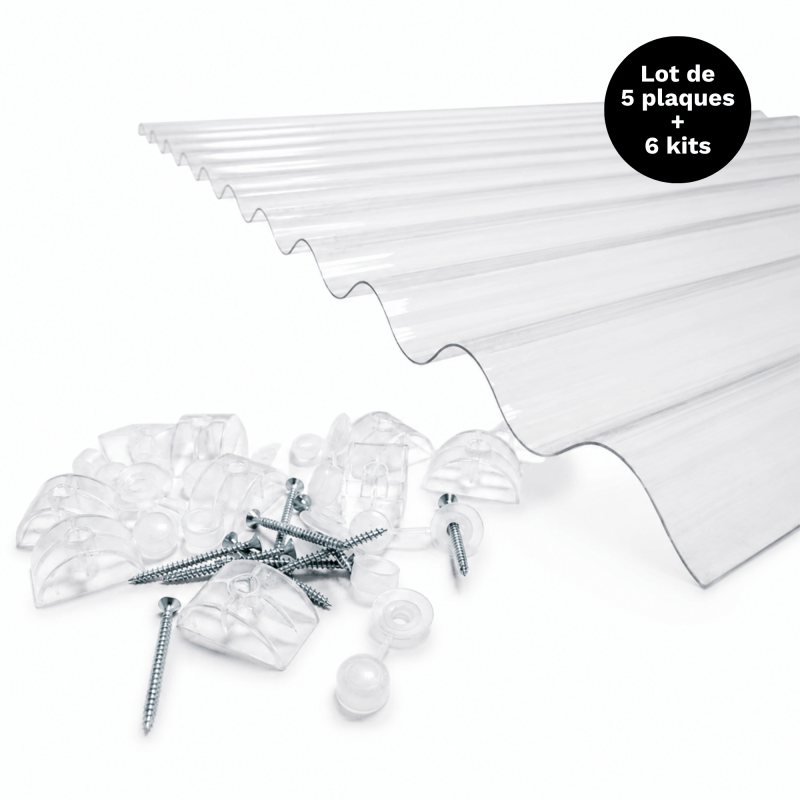 Lot 5 Plaques Polycarbonate Ondulées Po 76/18+ 6 Kits De Fixation - Coloris - Translucide, Largeur - 90 Cm, Longueur - 250 Cm