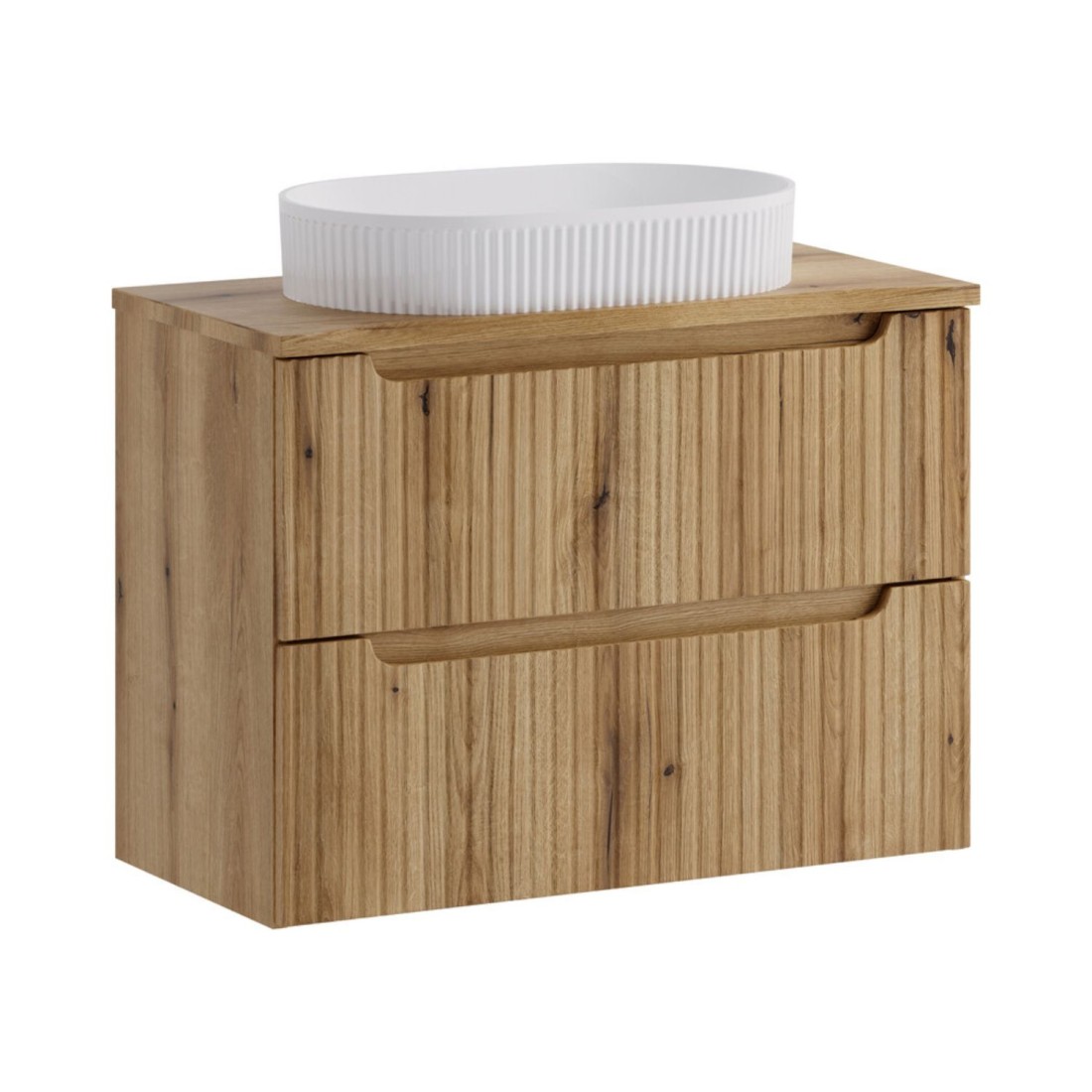 Ensemble Vano Chêne Clair 80cm: Meuble Sous Vasque À Tiroirs + Plan Pour Vasque + Vasque À Poser Rainurée Blanche