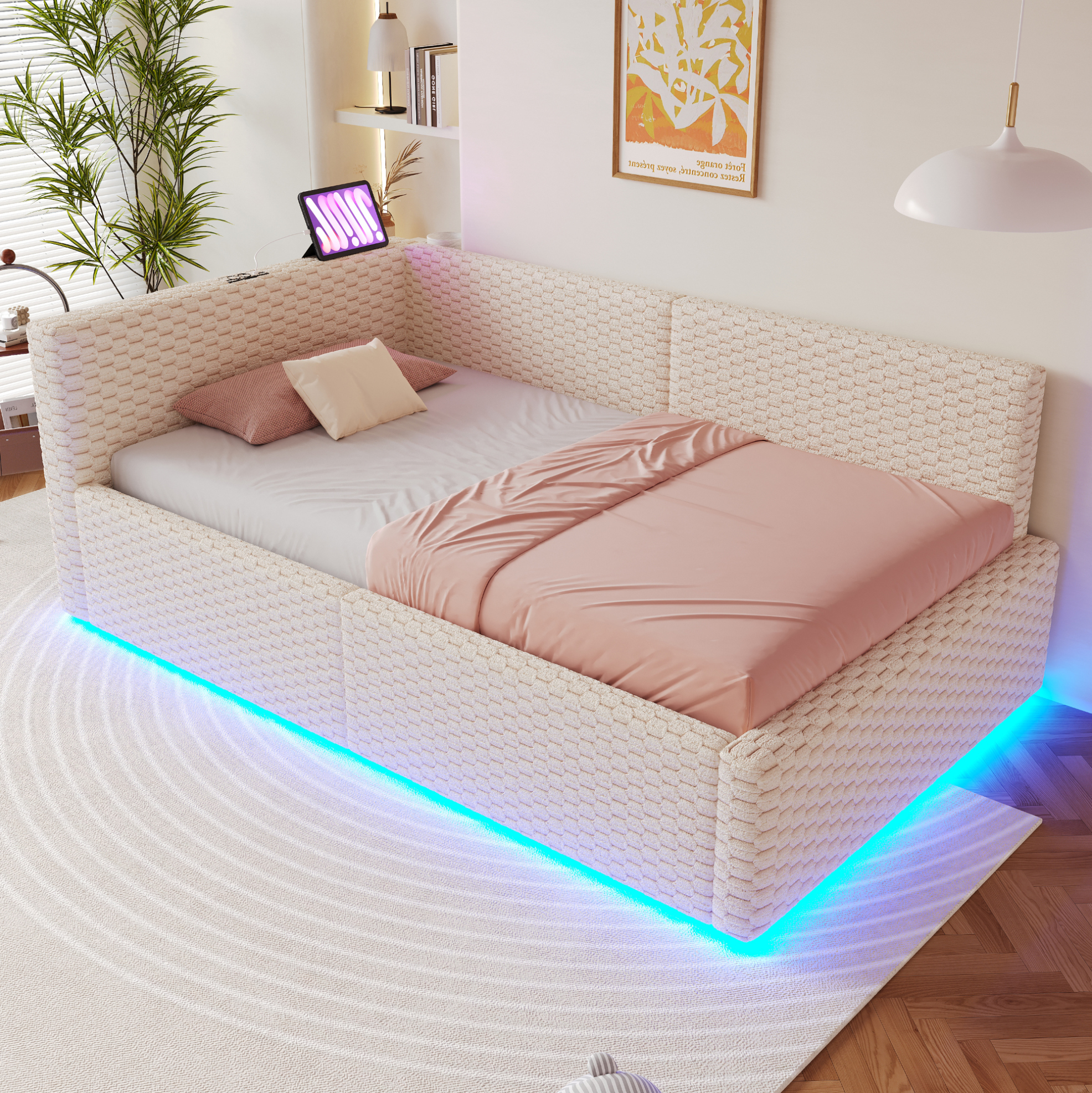 Lit Rembourré 90x200 Cm Avec Led, Usb-c Et 2 Usb, Velours Beige, Avec Coffre