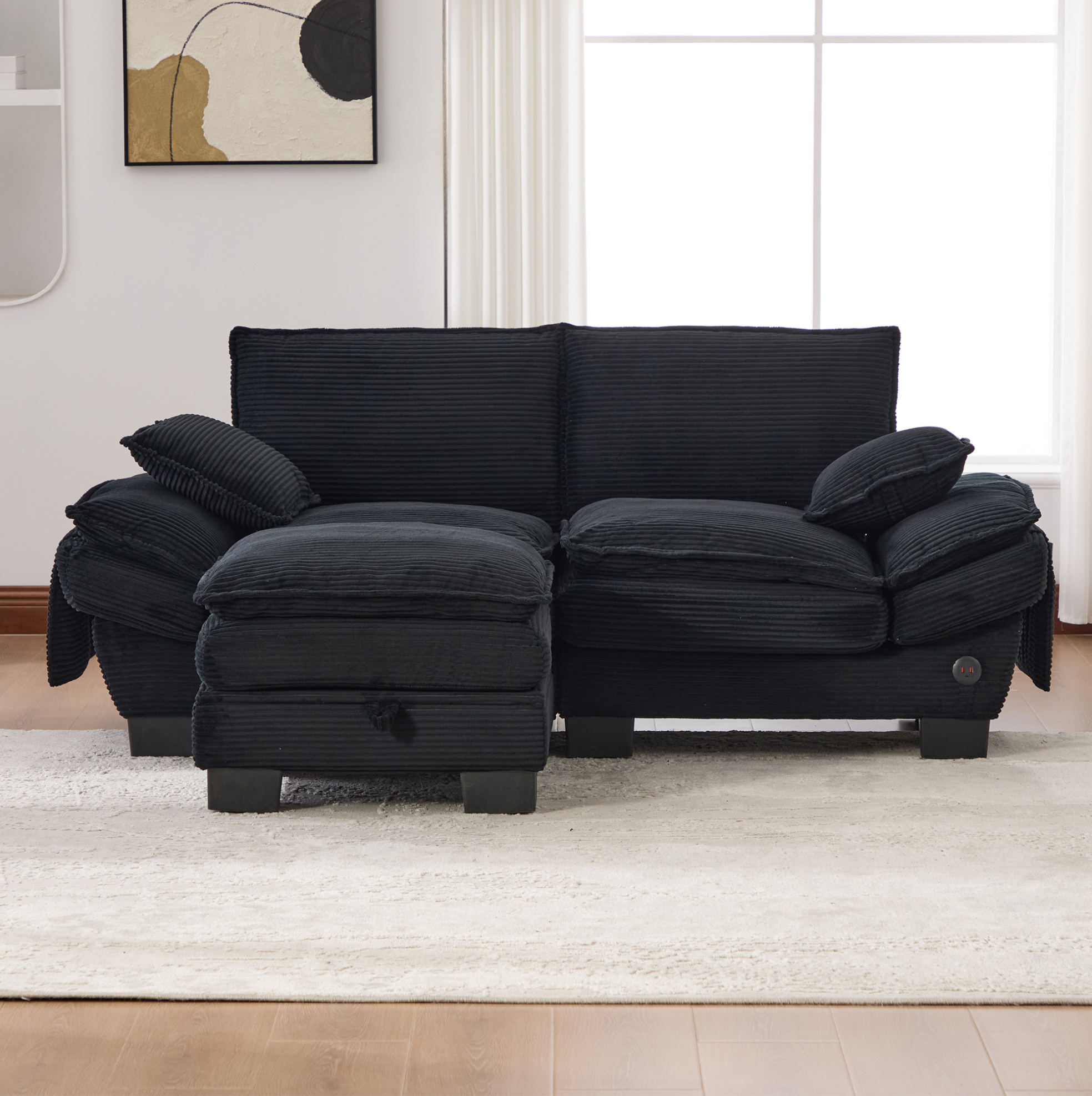 Canapé Modulable 2 Places Avec Pouf, Tissu Corduroy Noir, 190 X 132 X 84 Cm, Redom