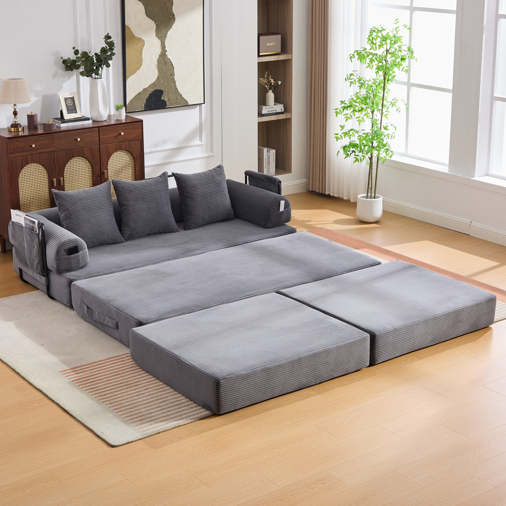 Canapé Modulable En Velours Côtelé Gris Foncé, 200 X 190 X 67 Cm, Cadre Métal, Pouf