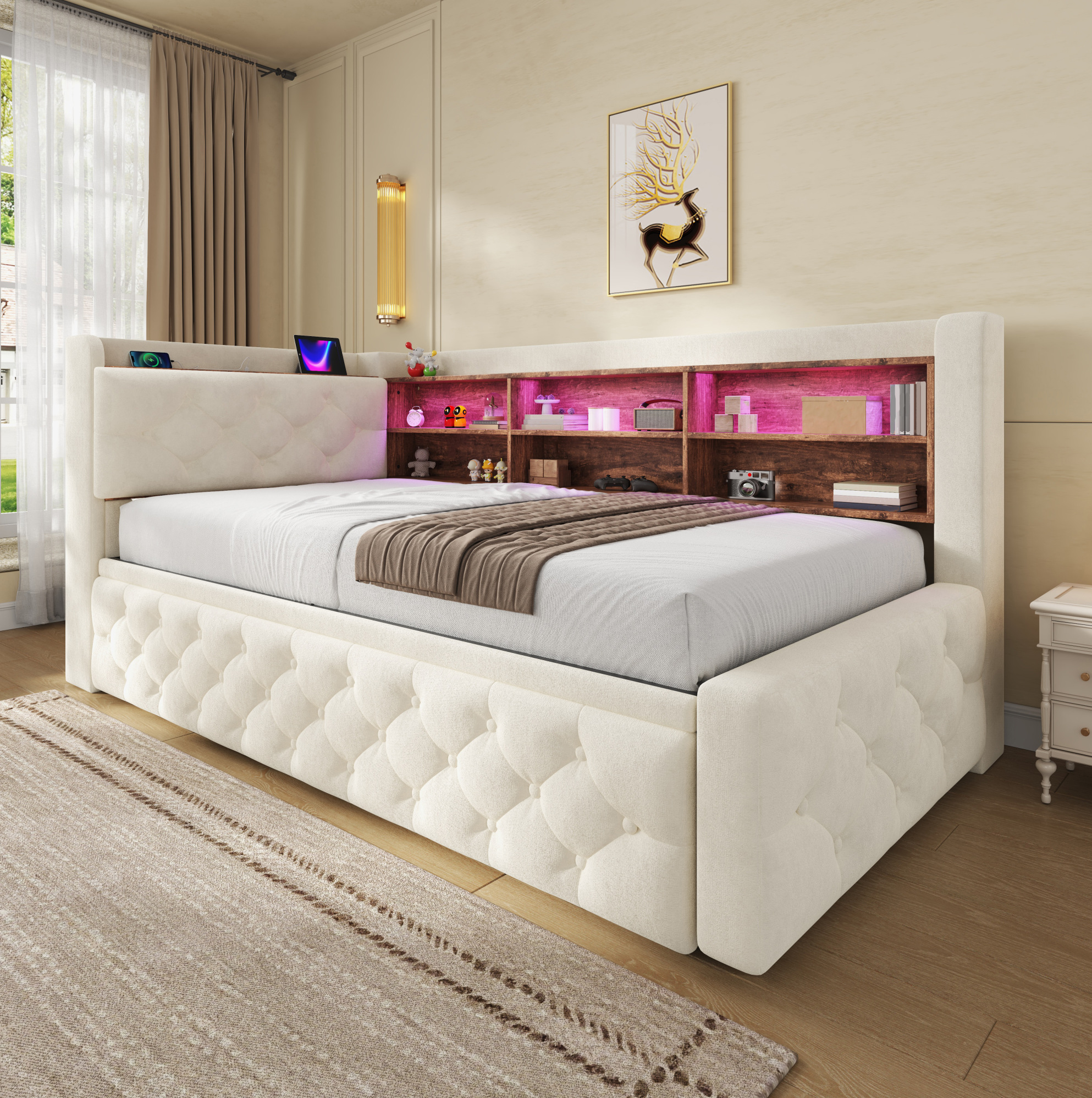 Canapé-lit Convertible 90 X 190 Cm En Velours Beige, Rangements, Led, Usb Et Type-c