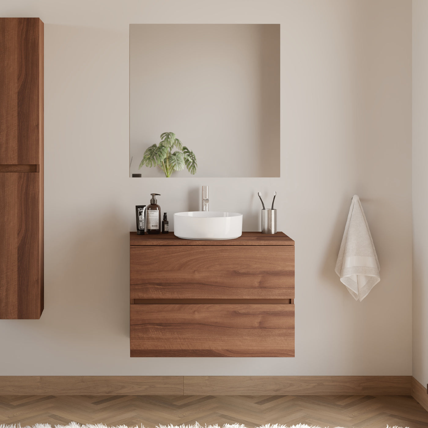 Meuble De Salle De Bain 70cm Avec Plateau Et Vasque À Poser Ronde - 2 Tiroirs - Noyer (bois Foncé) - Ida
