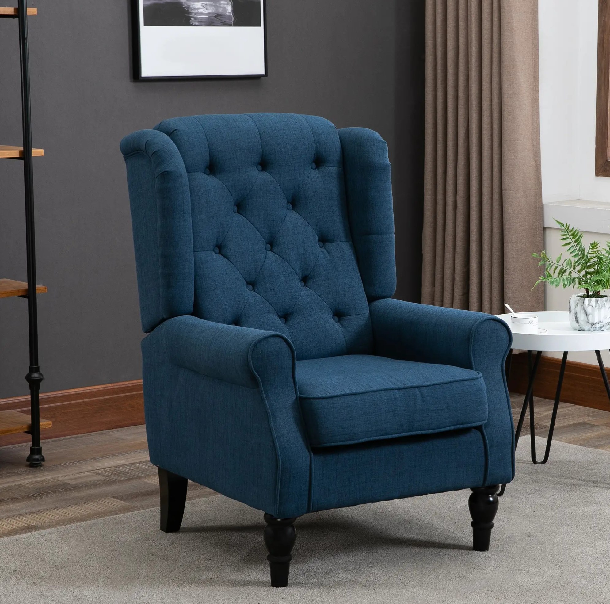 Fauteuil Crapaud Capitonné, Dossier Haut, Accoudoirs Arrondis, Pieds Bois, Bleu