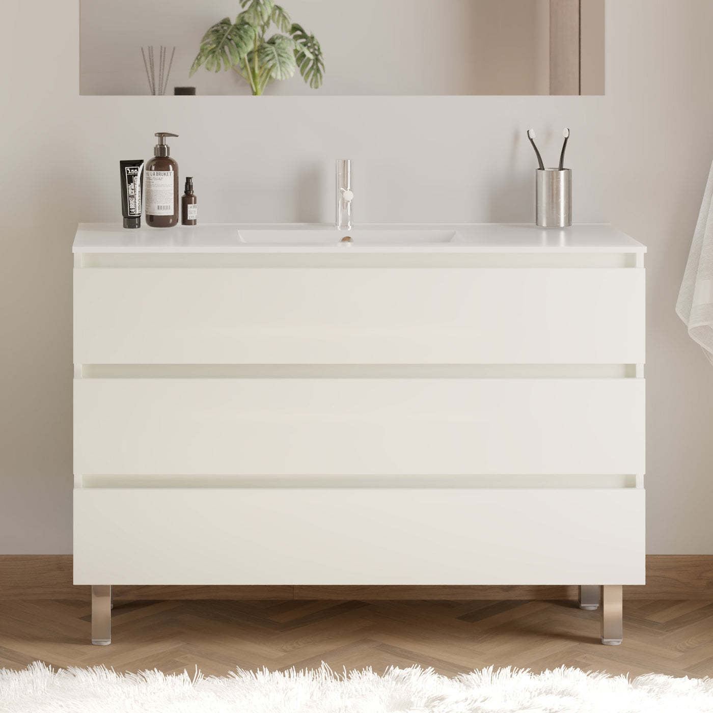 Meuble De Salle De Bain 120cm Simple Vasque - 3 Tiroirs - Sans Miroir - Blanc Brillant - Mayor