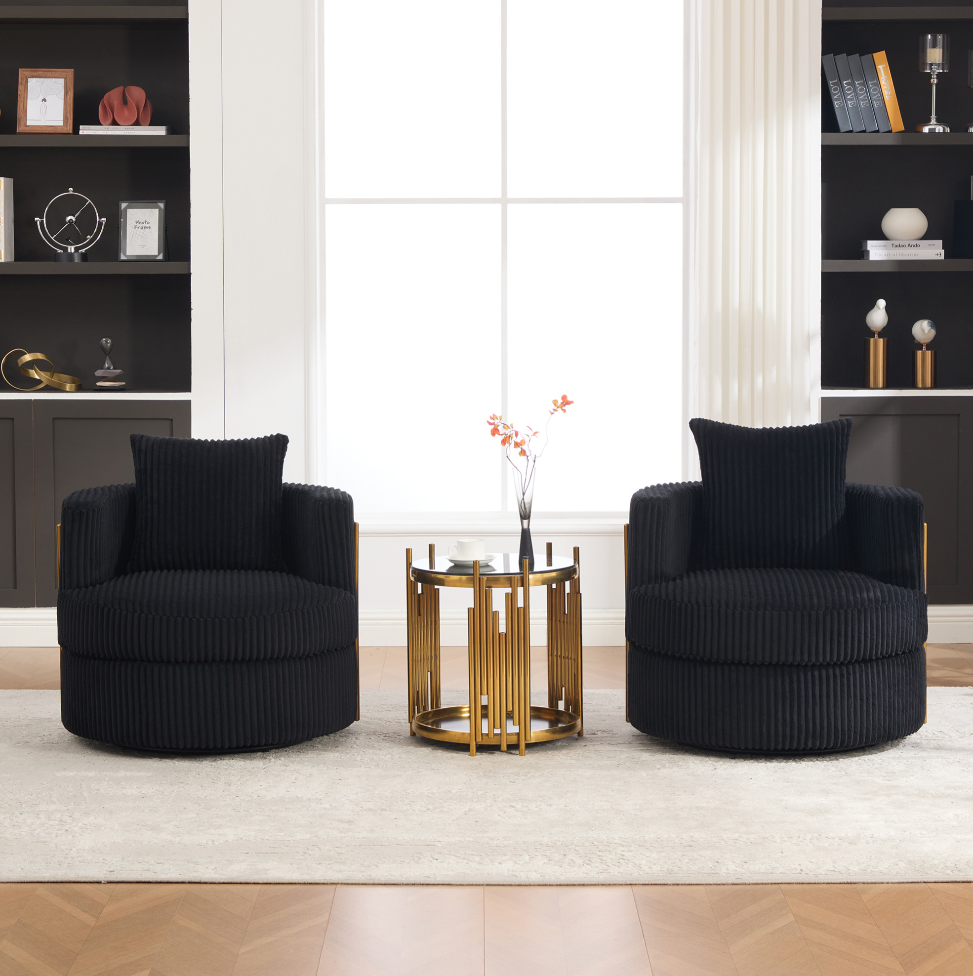 Fauteuil Pivotant 360° En Velours Côtelé Noir Avec Accoudoirs Rembourrés Et Rangement