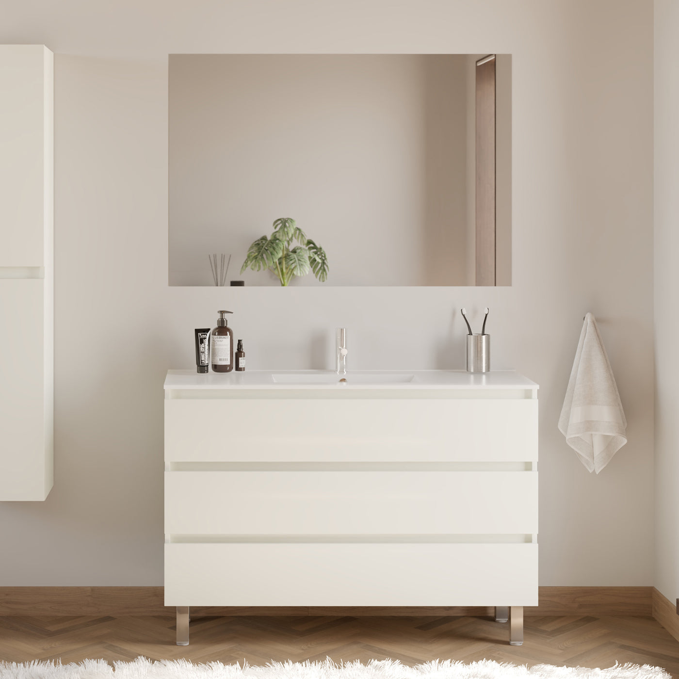Meuble De Salle De Bain 120cm Simple Vasque - 3 Tiroirs - Blanc Brillant - Mayor