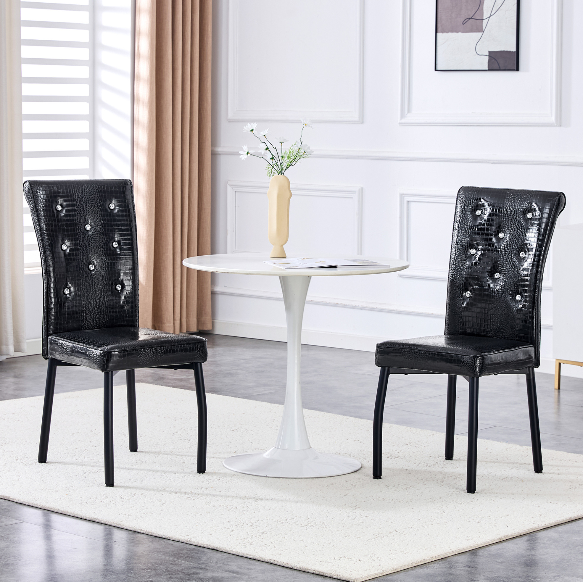 Redom - Lot De 2 Chaises De Salle À Manger, Cuir Pvc Effet Peau De Crocodile, Détails Bouton Cristal, Pieds Métalliques Noirs