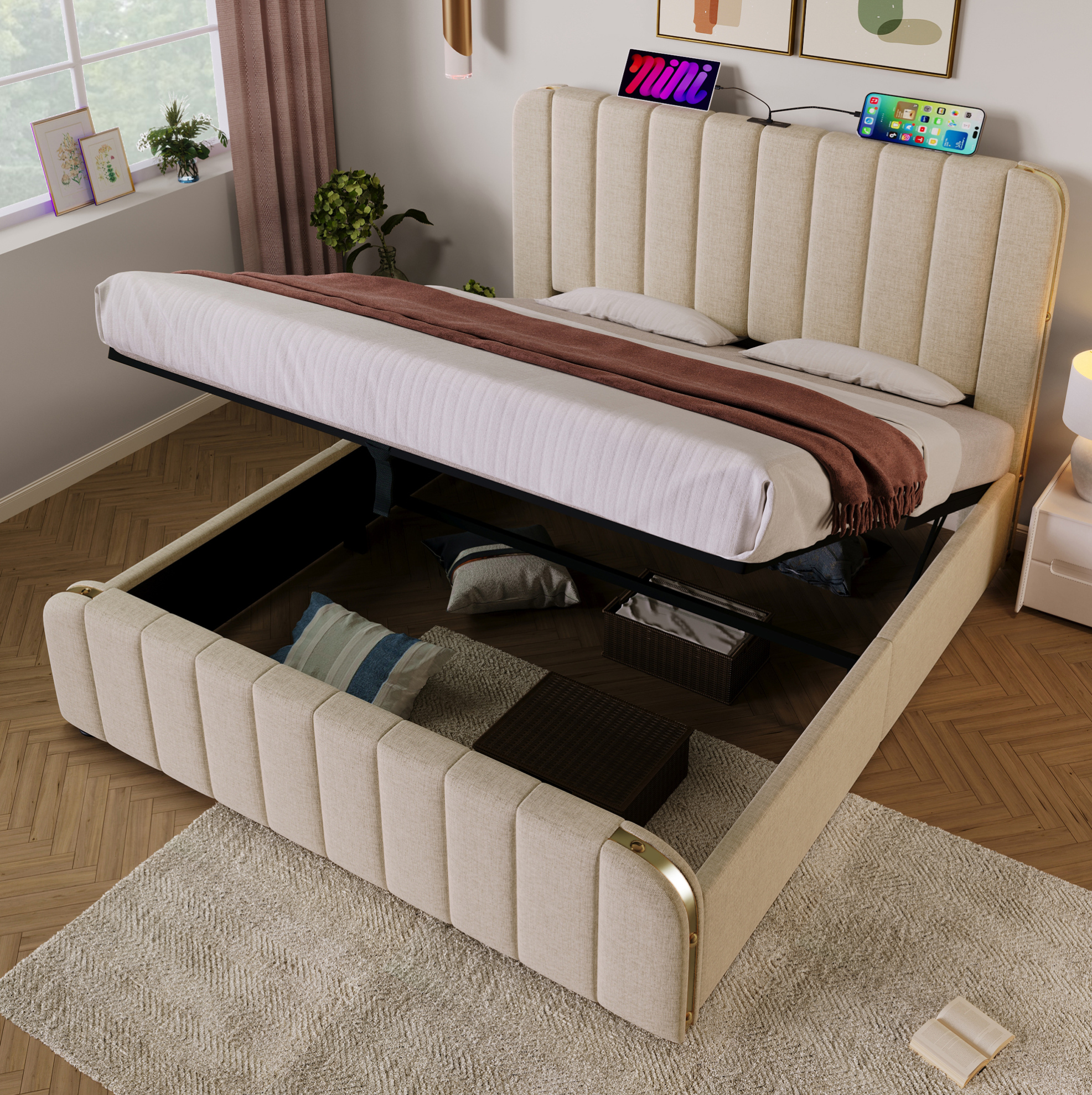 Lit Coffre Double 140x190 Cm En Lin Beige Avec Usb Type-c, Tête De Lit Rembourrée