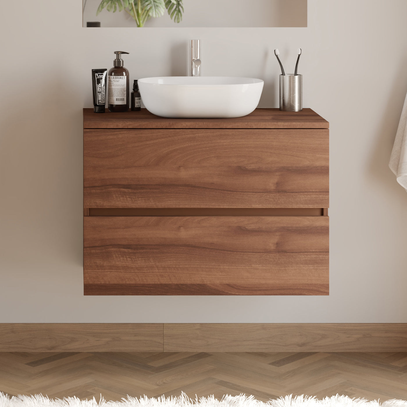 Meuble De Salle De Bain 80cm Avec Plateau Et Vasque À Poser Arrondie - 2 Tiroirs - Sans Miroir - Noyer (bois Foncé) - Ida