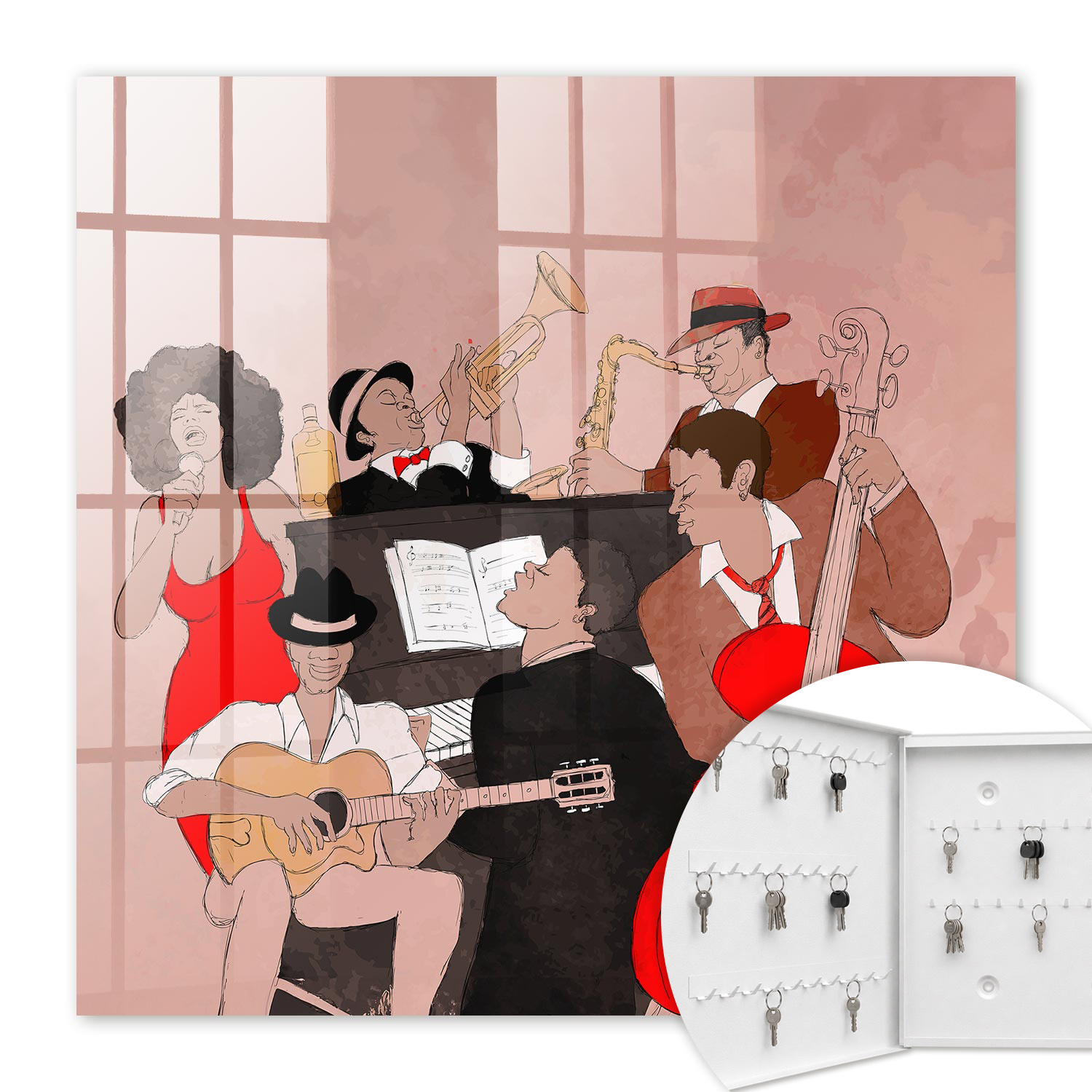 Armoire À Clés - (30 Cm X 30 Cm) - Boîte À Clés Murale - Coffret De Rangement Pour Clés - Couleur Blanche - Ouverture Vers La Gauche - Pour Maison Et Bureau - Scène Jazz